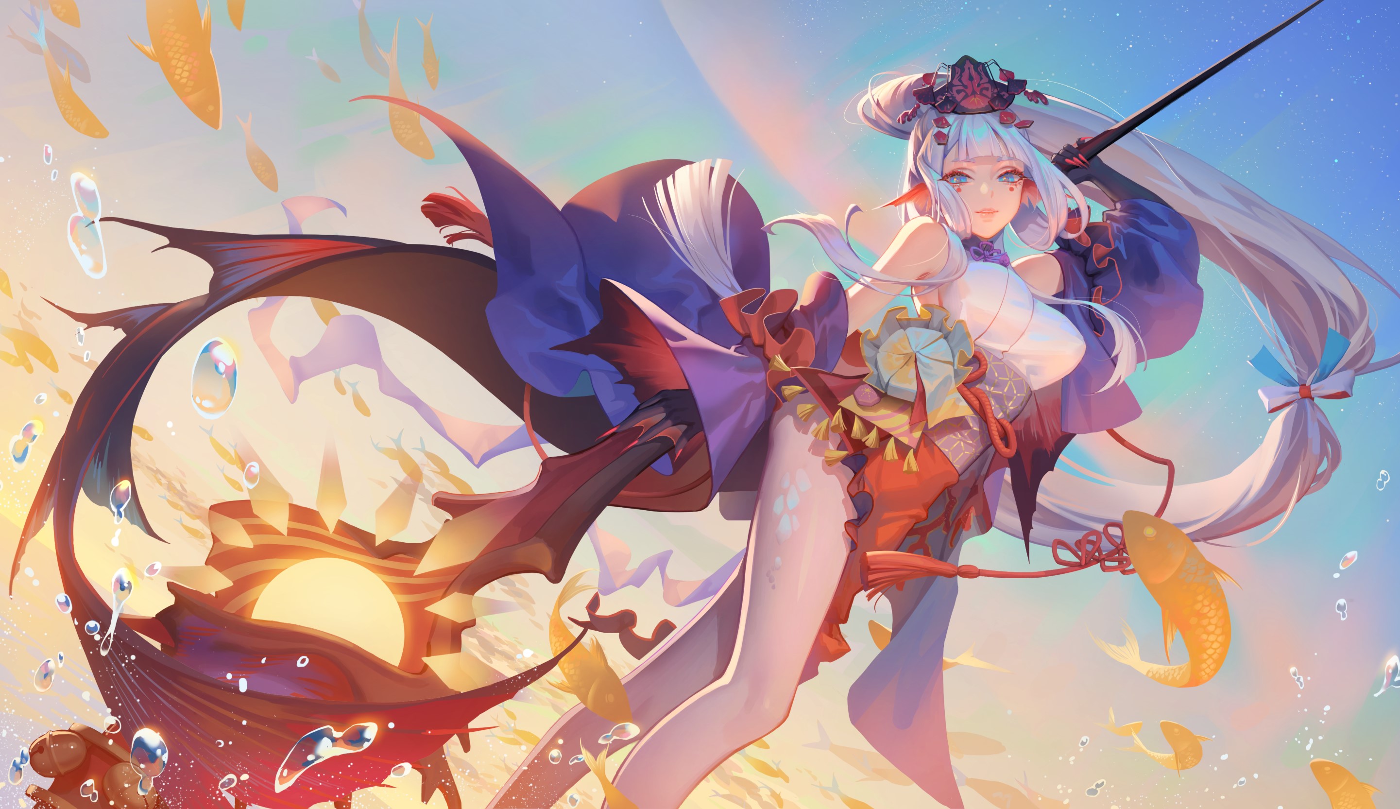 Anime girl with white hair and fish HD Wallpaper