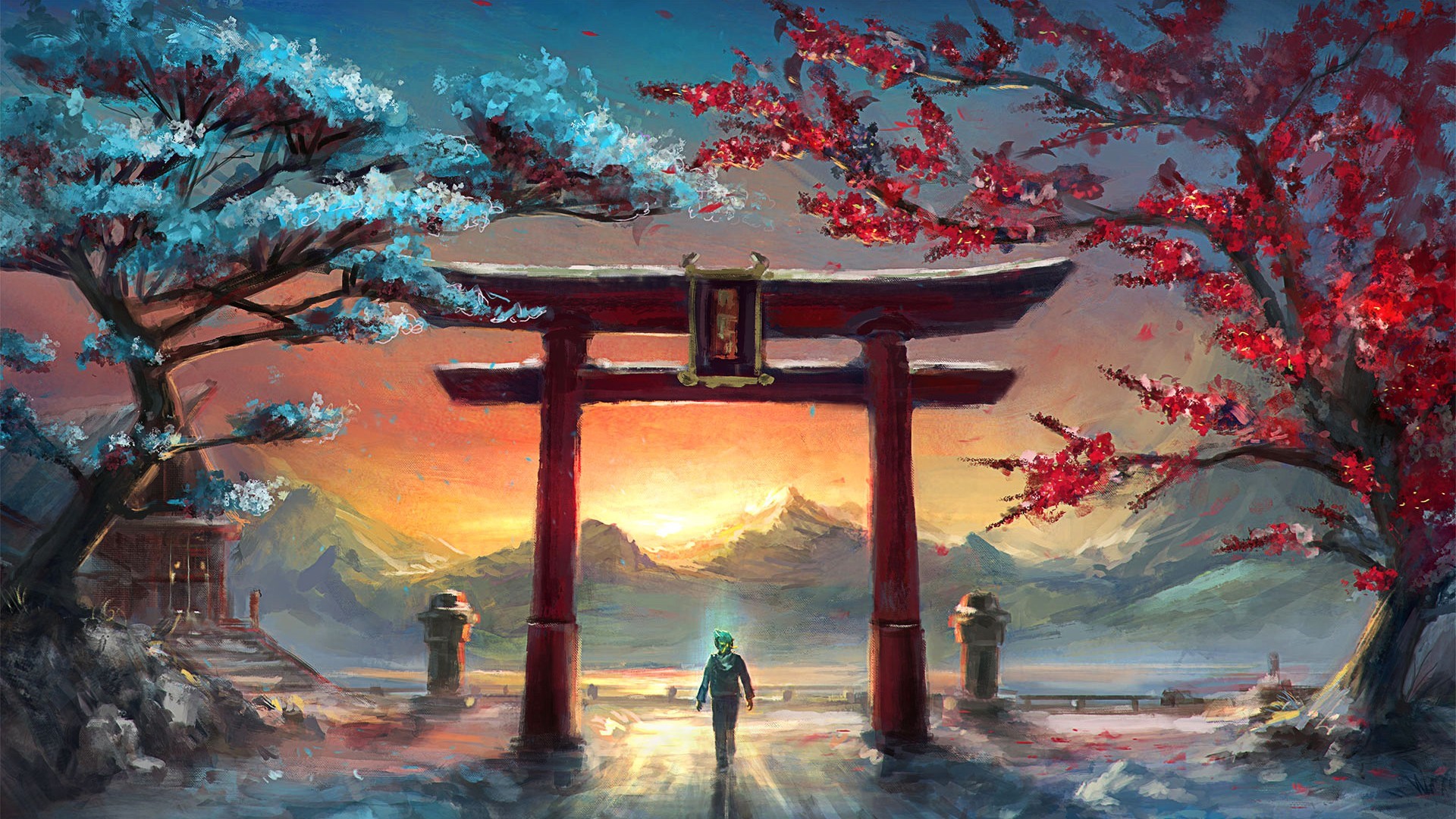 Fantasy art landscape with Torii gate and trees HD Wallpaper