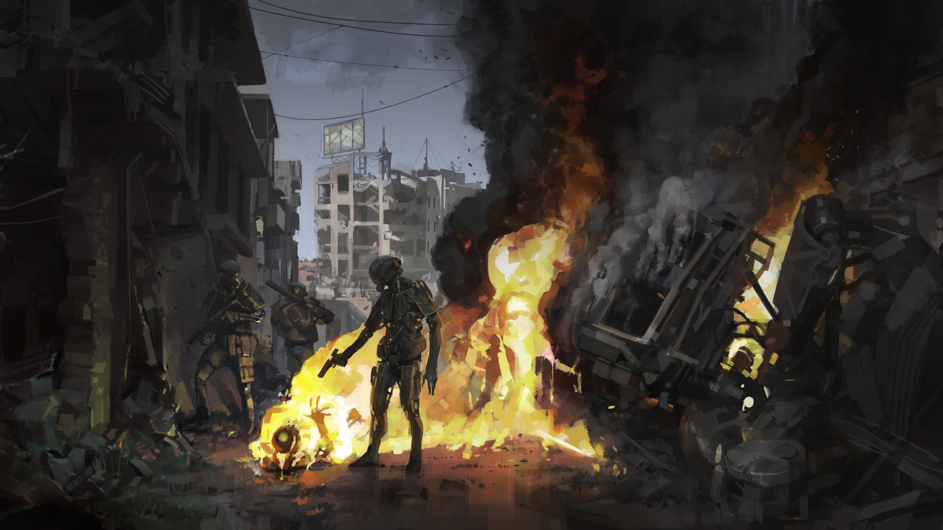 Futuristic soldiers in a war-torn city with fire HD Wallpaper