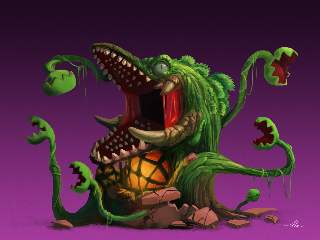 Green monster creature with sharp teeth and vines HD Wallpaper