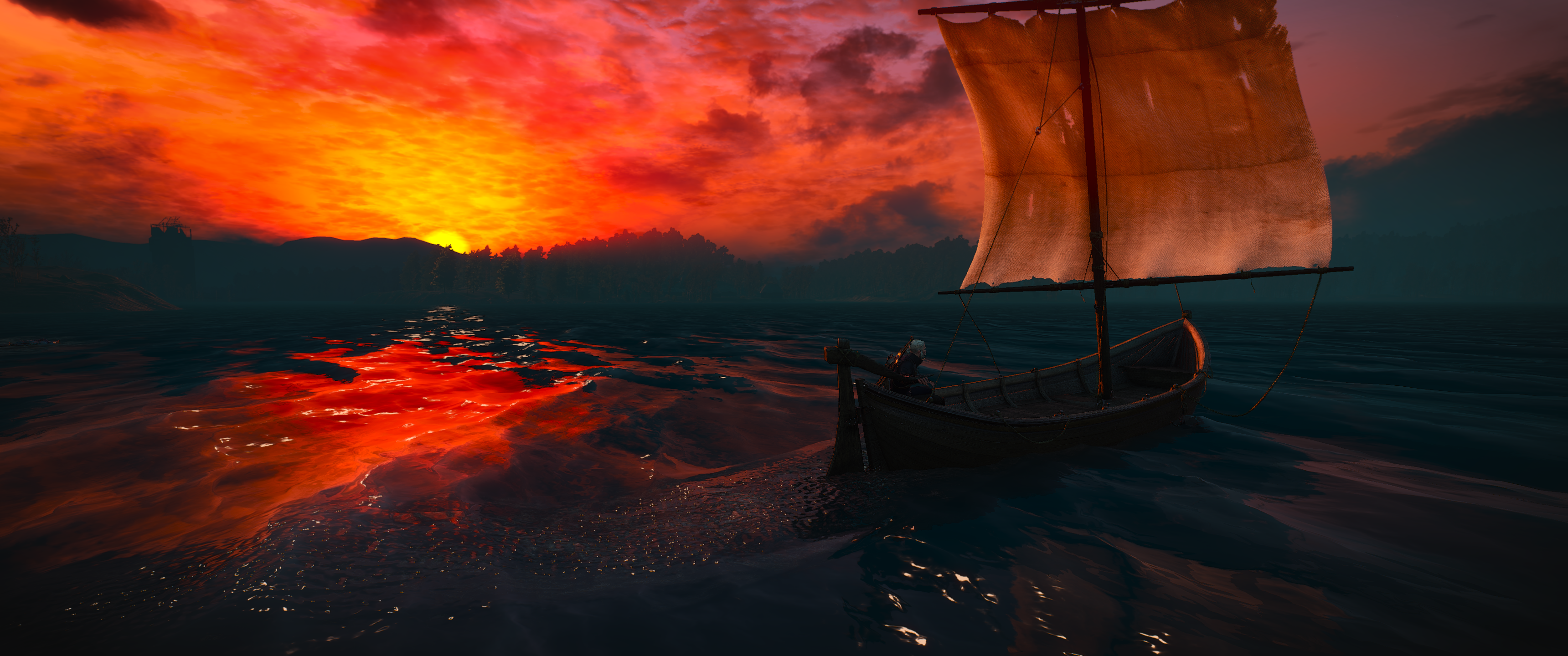 Geralt of Rivia sailing on a boat during sunset in The Witcher 3 HD Wallpaper