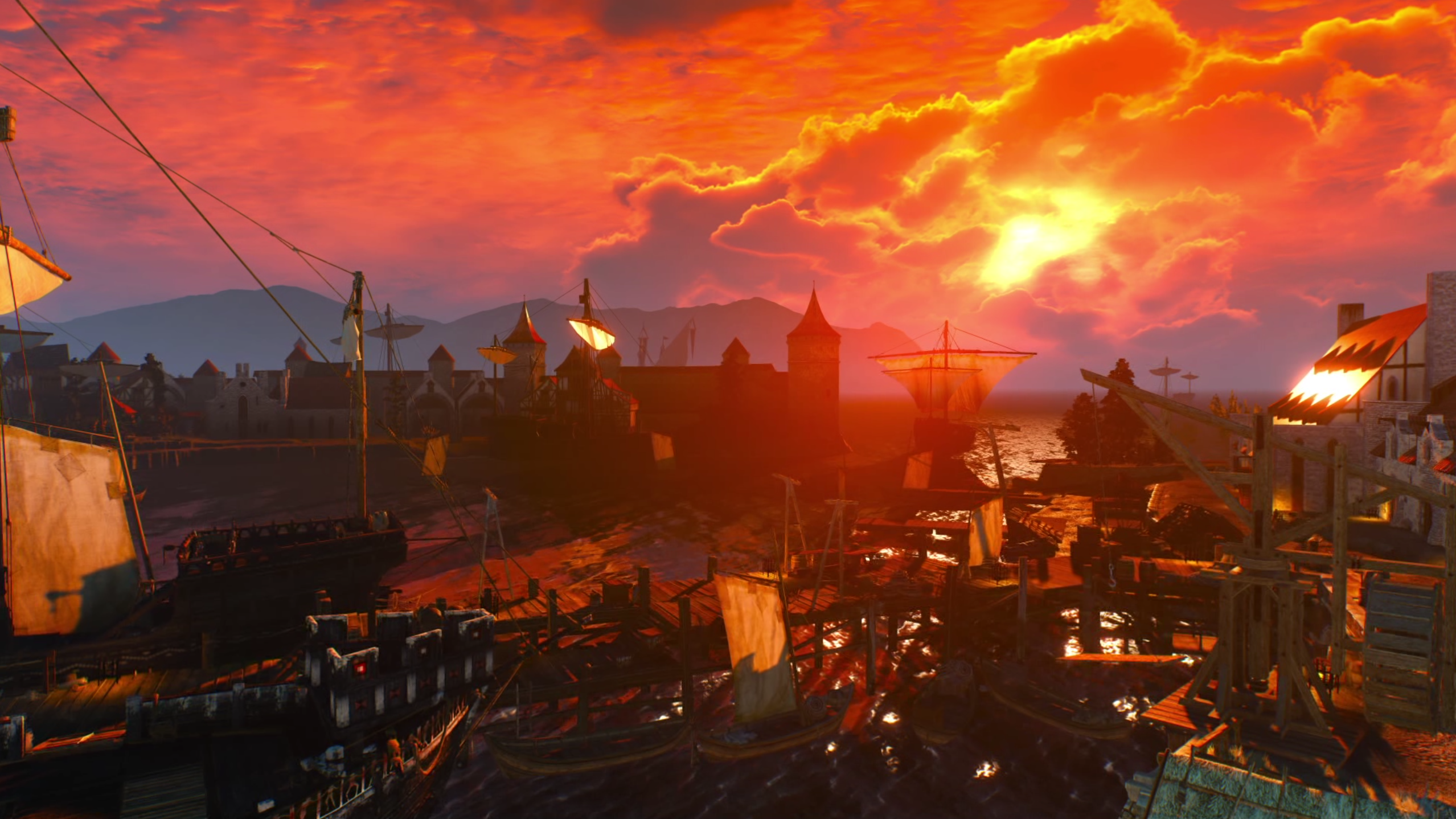 The Witcher 3: Wild Hunt harbor at sunset HD Wallpaper