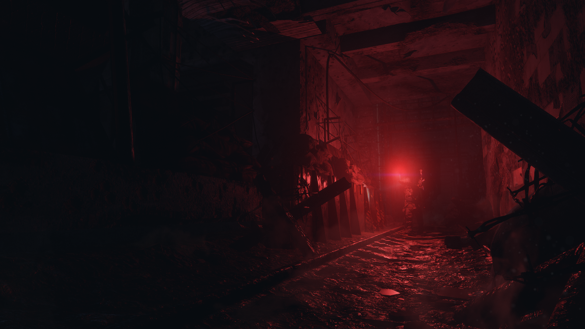 Red tunnel with train tracks and debris HD Wallpaper