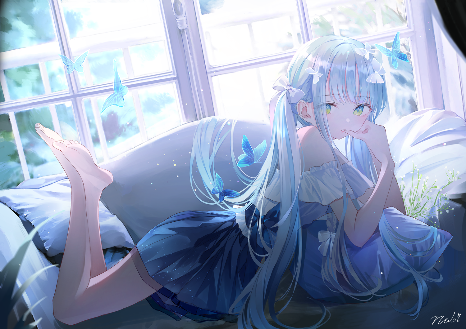 Anime girl with blue hair and butterflies HD Wallpaper