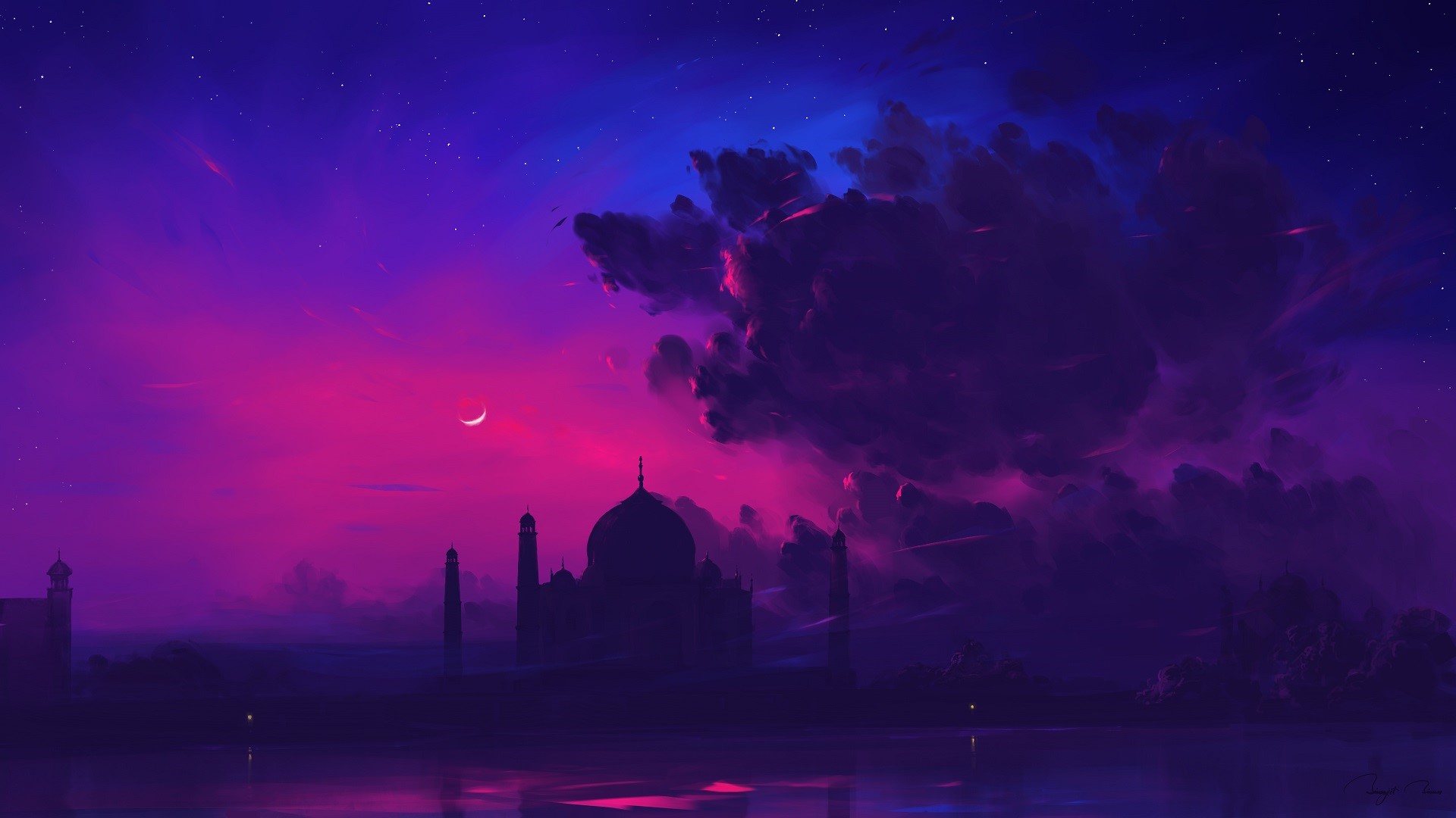 Taj Mahal at night with crescent moon and stars HD Wallpaper