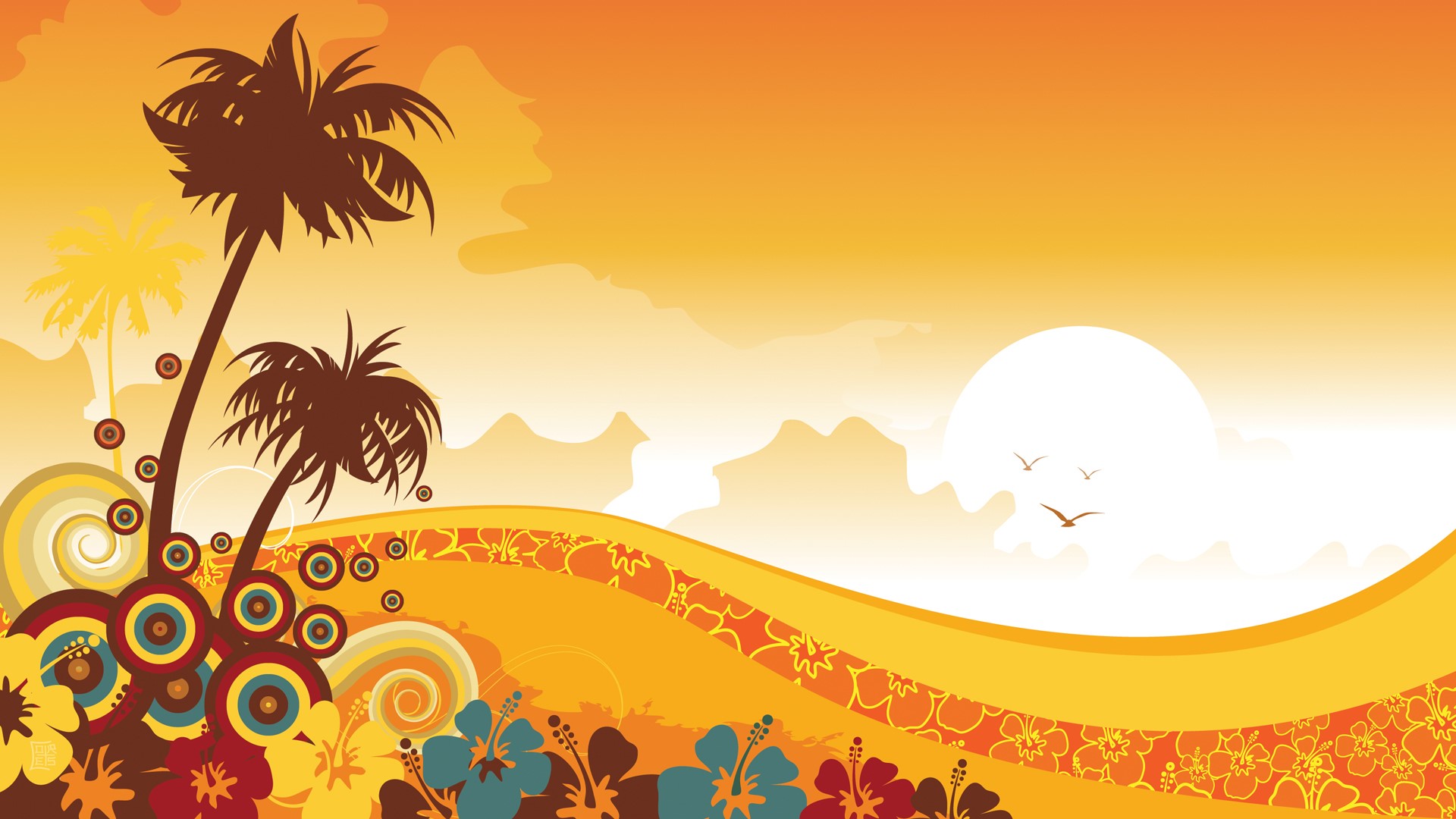 Tropical sunset with palm trees and hibiscus flowers HD Wallpaper