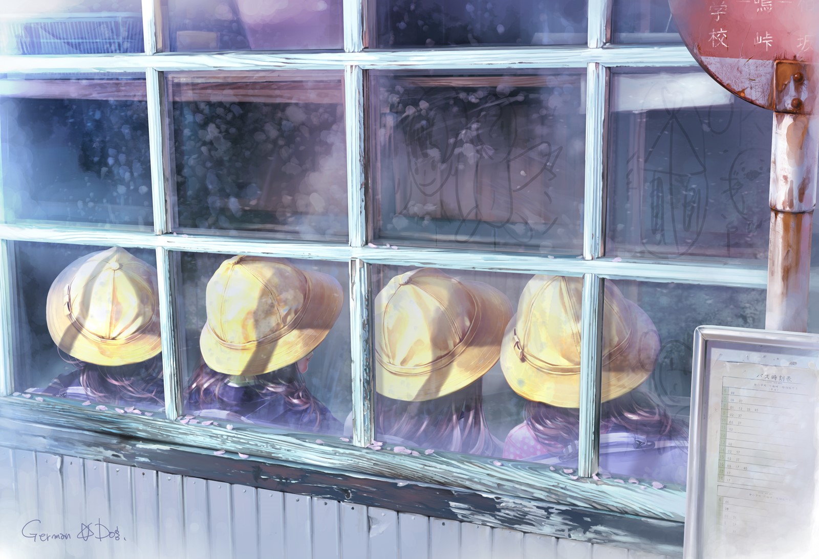 Children in yellow hats looking out a window HD Wallpaper