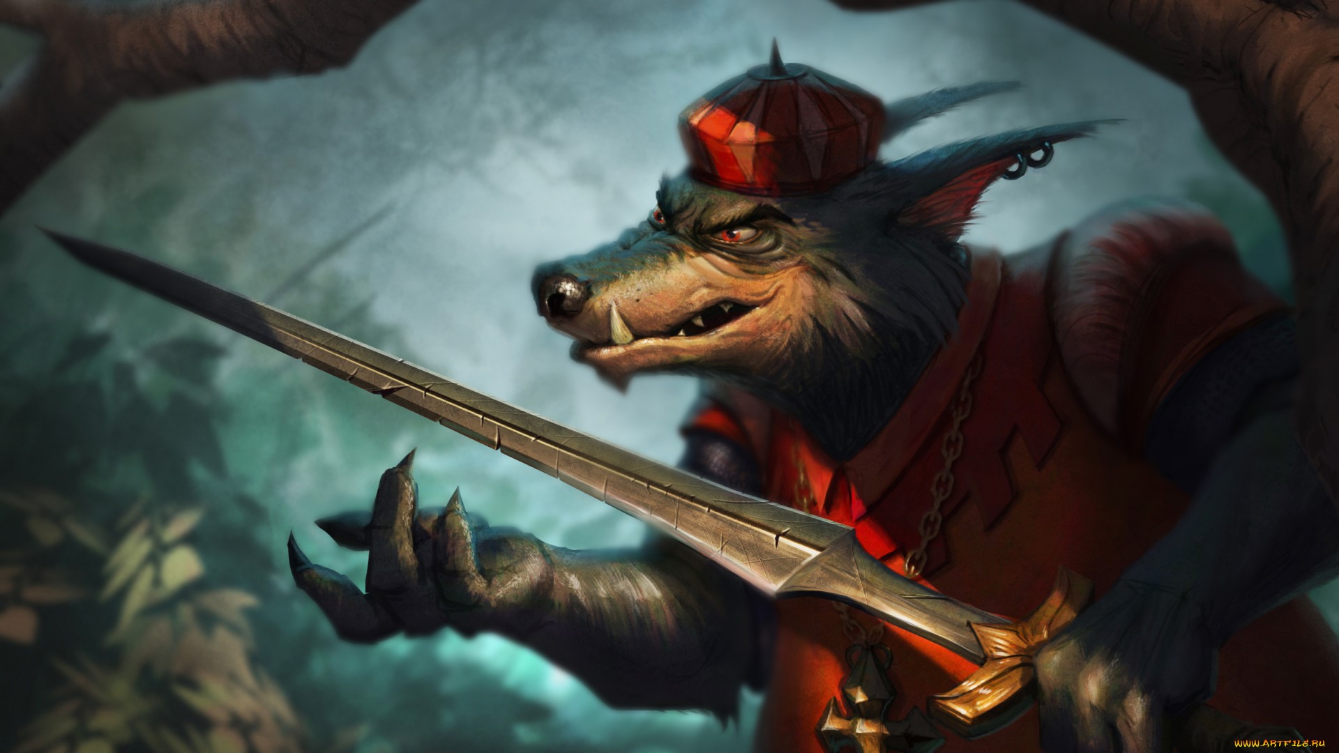 Fantasy wolf character with sword and hat HD Wallpaper