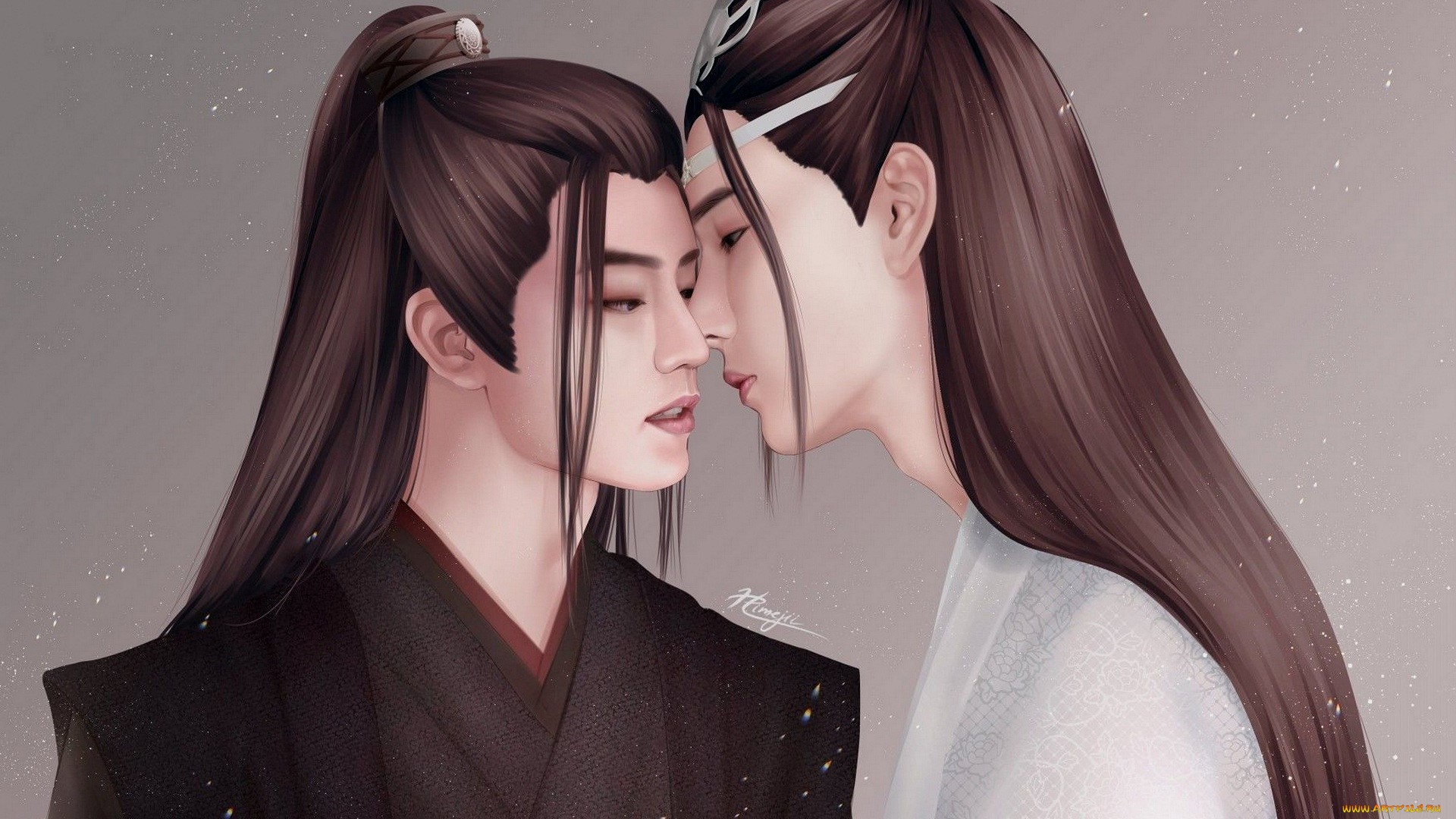 Two men in traditional Chinese clothing in an intimate pose HD Wallpaper