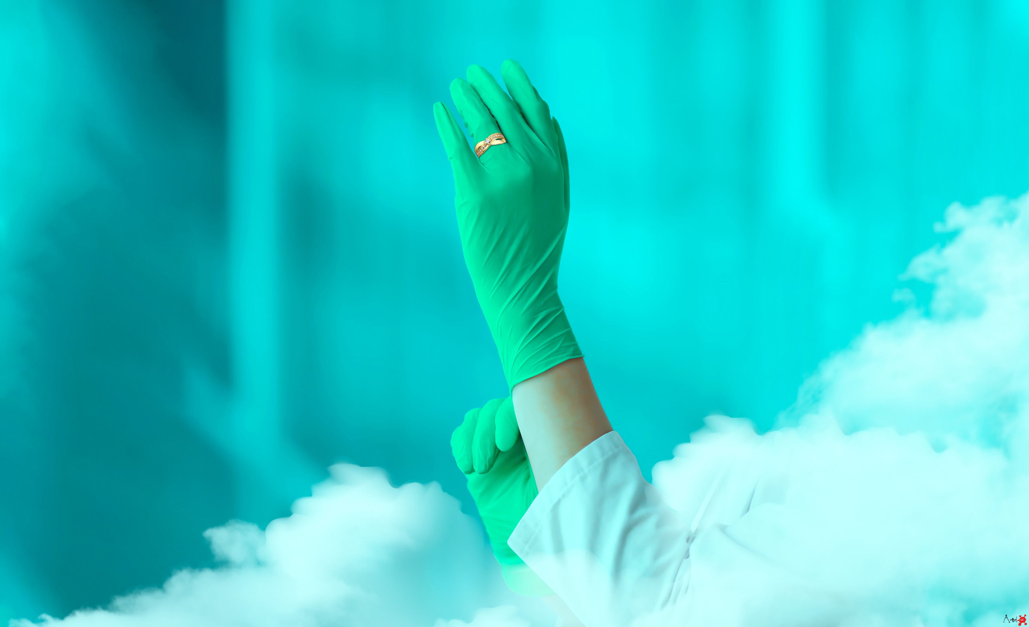 Hands wearing green gloves with a ring HD Wallpaper