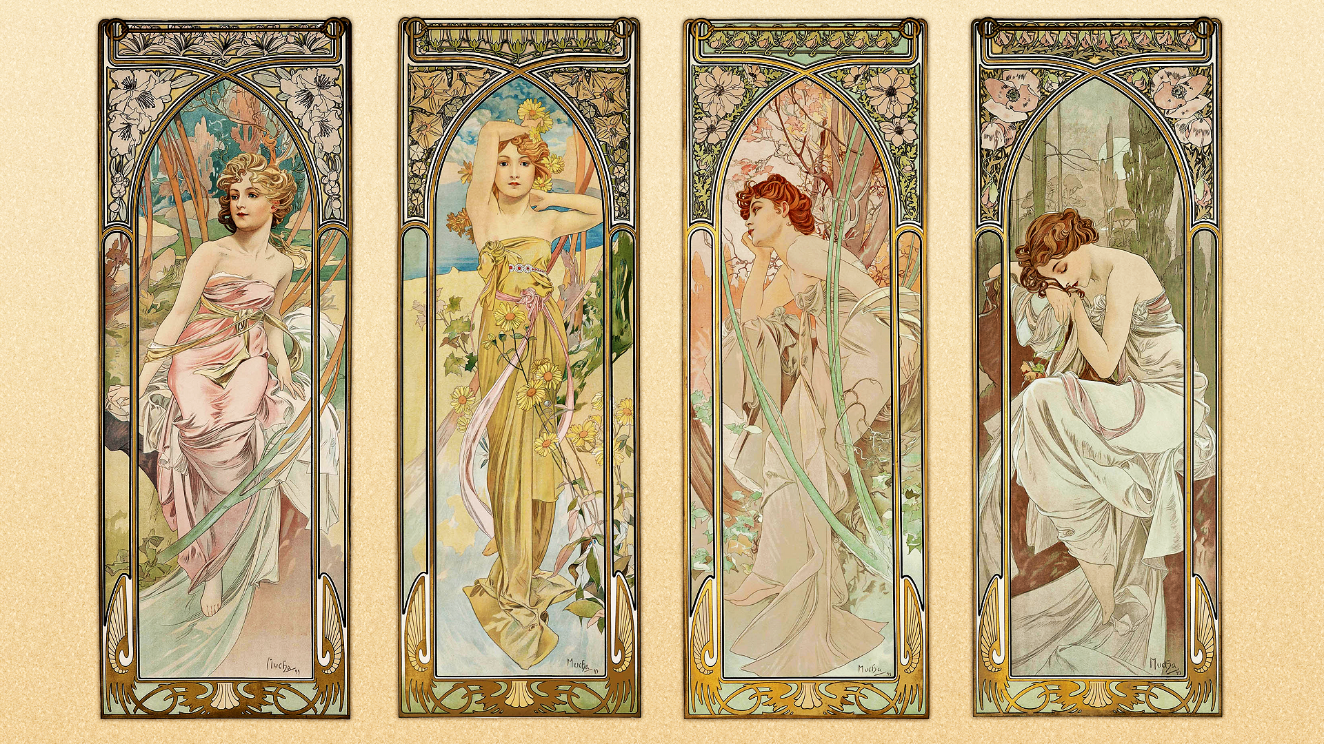 The Seasons by Alphonse Mucha HD Wallpaper
