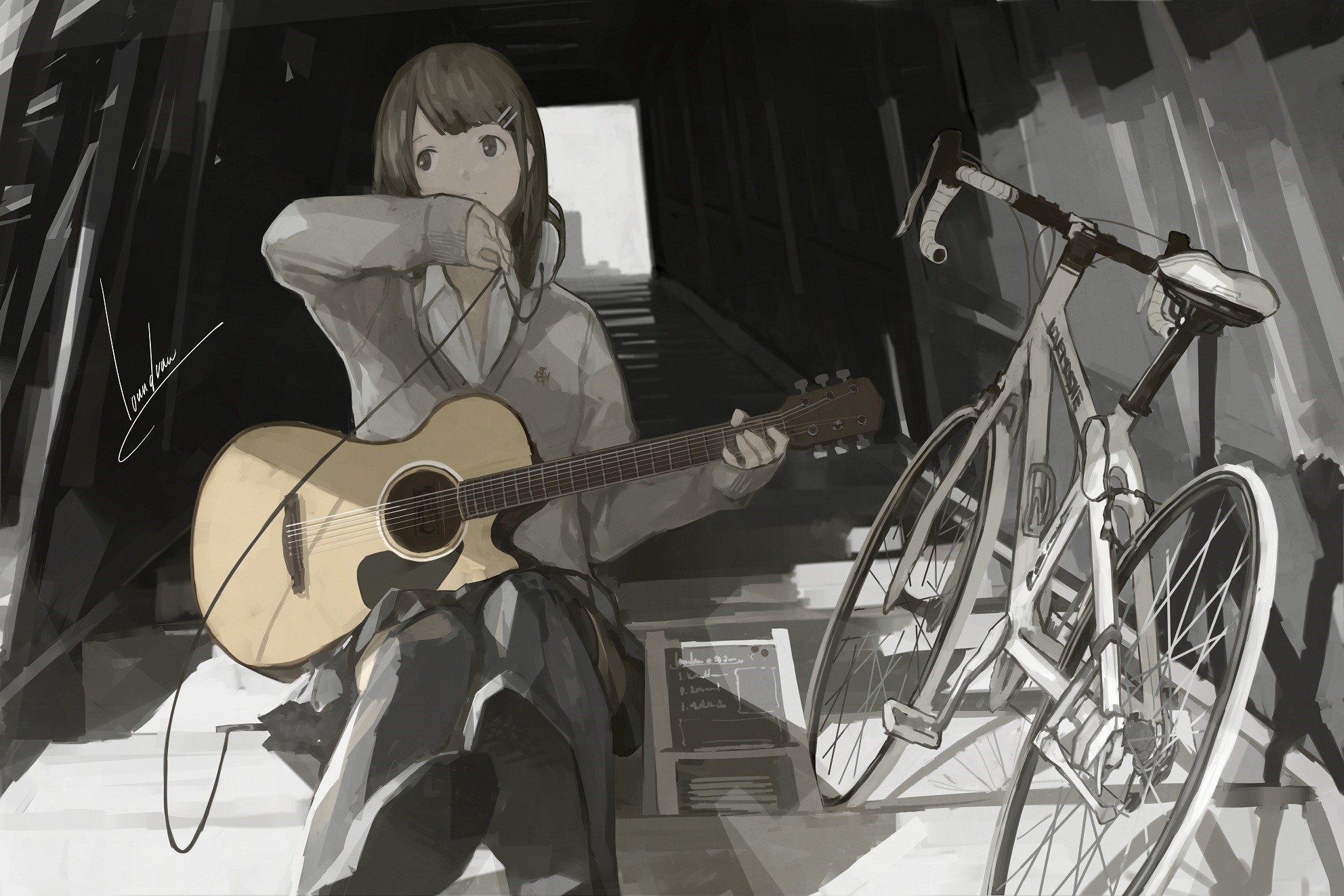 Anime girl with guitar and bicycle HD Wallpaper