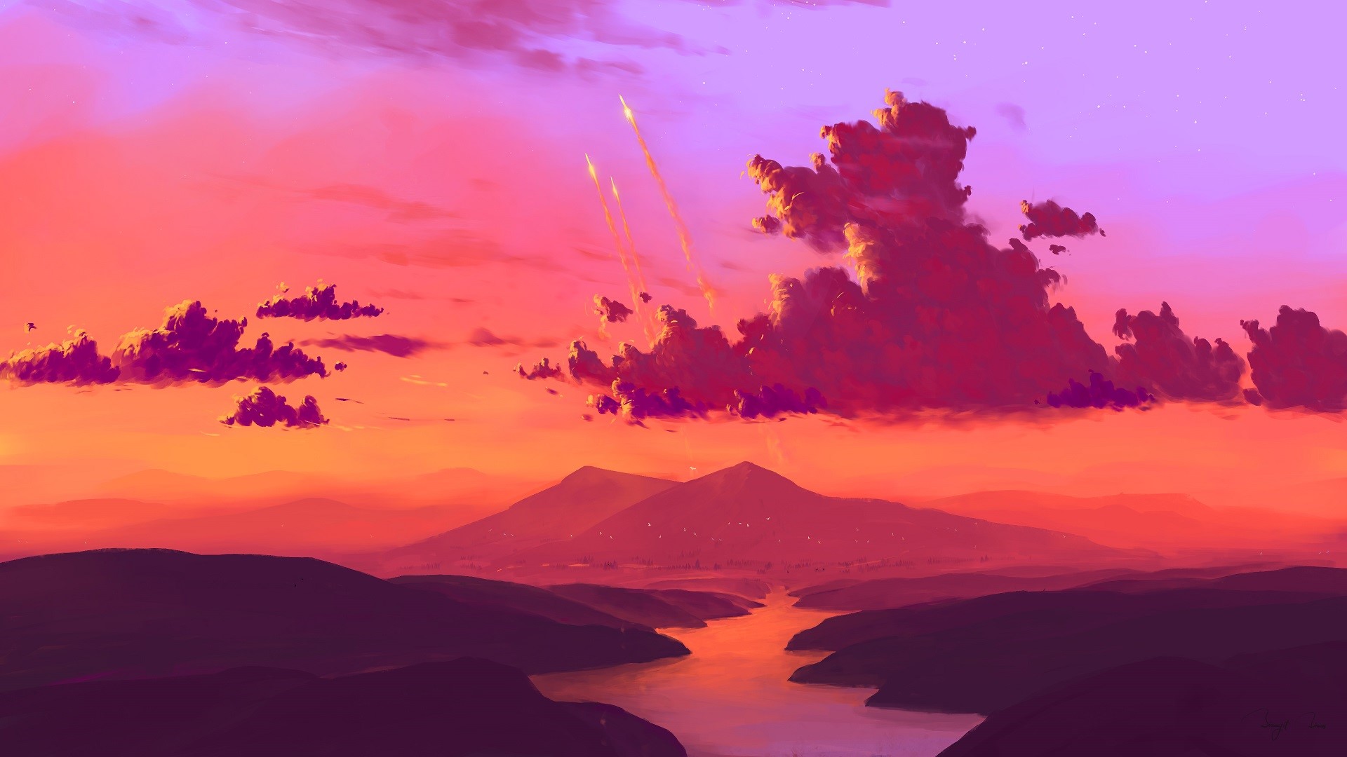 Colorful River Landscape with Science Fiction Sky HD Wallpaper