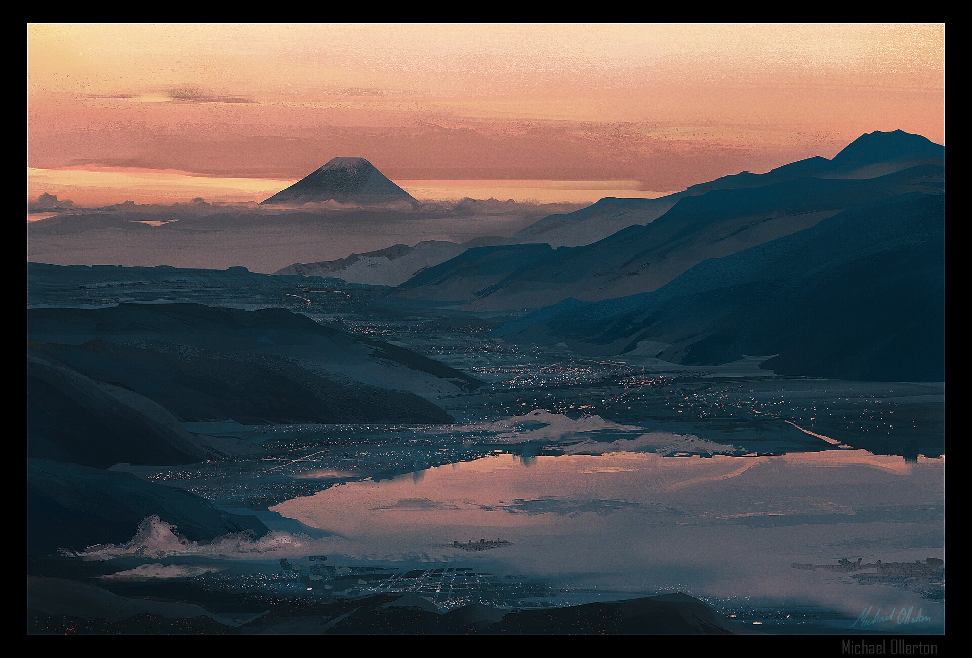 Digital art of a mountain landscape at sunset HD Wallpaper
