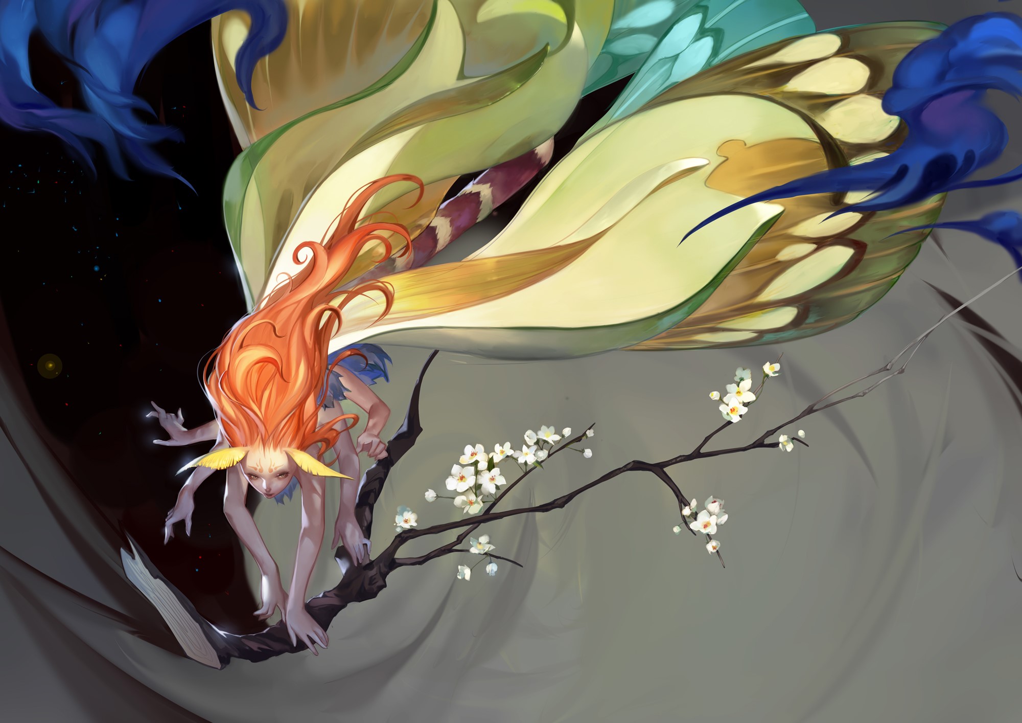 Fantasy girl with butterfly wings on a branch with sakura HD Wallpaper