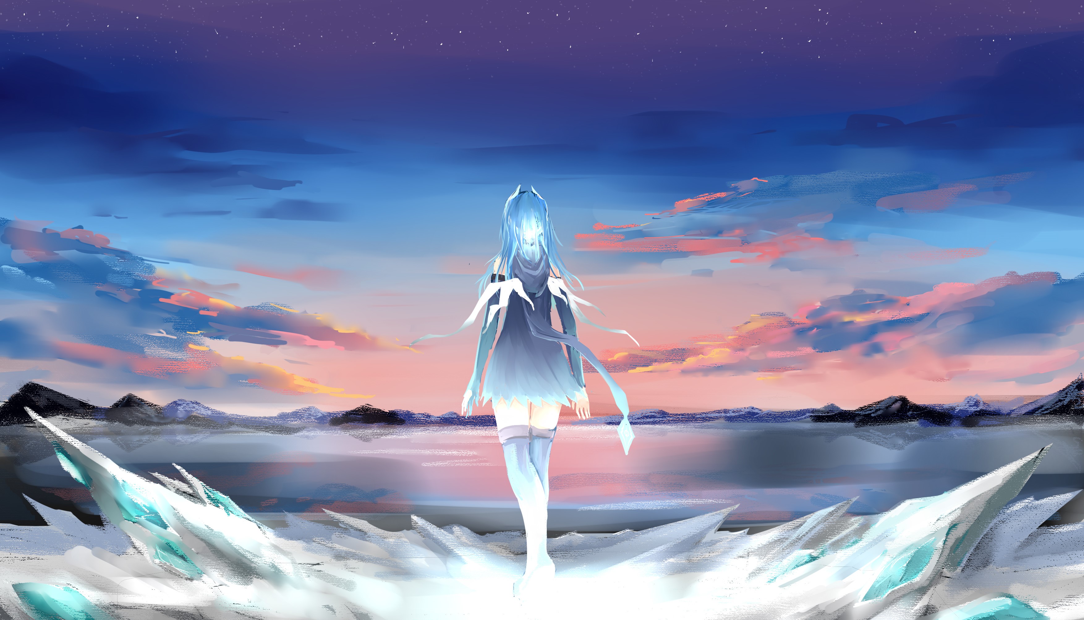 Anime girl with blue hair walking on ice at sunset HD Wallpaper