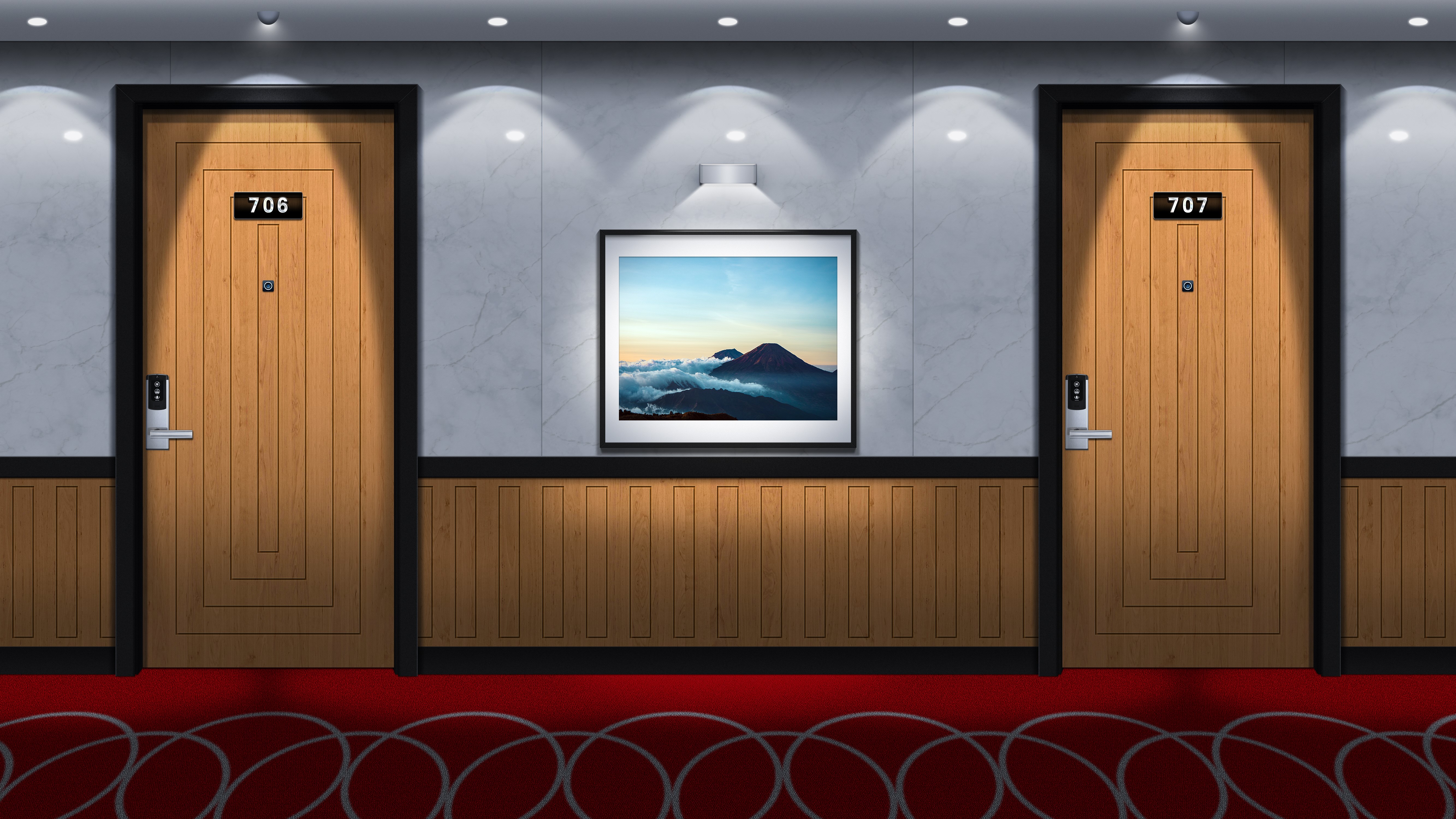 Hotel hallway with two doors and a painting HD Wallpaper