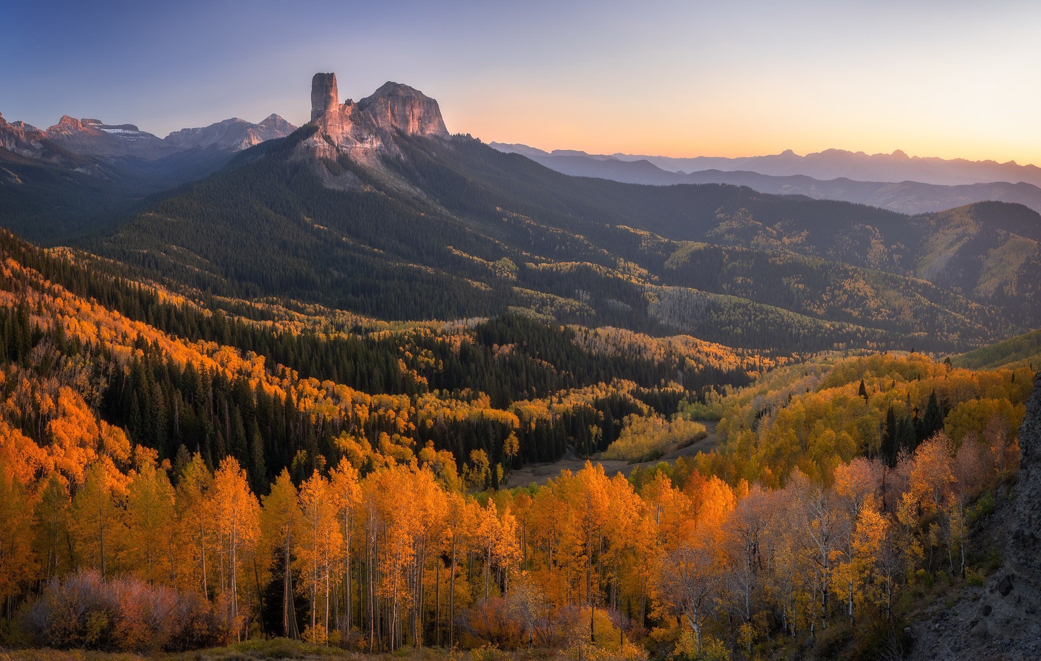 Mountain landscape with fall foliage at sunset HD Wallpaper