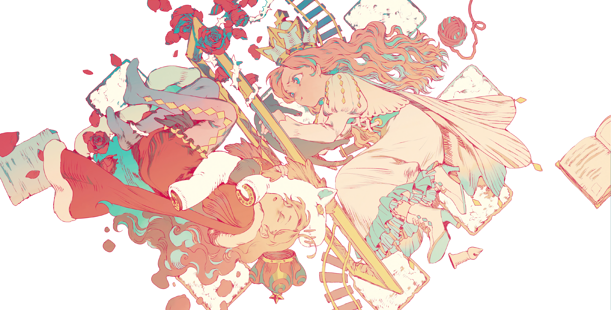 Anime girls with crown and roses HD Wallpaper