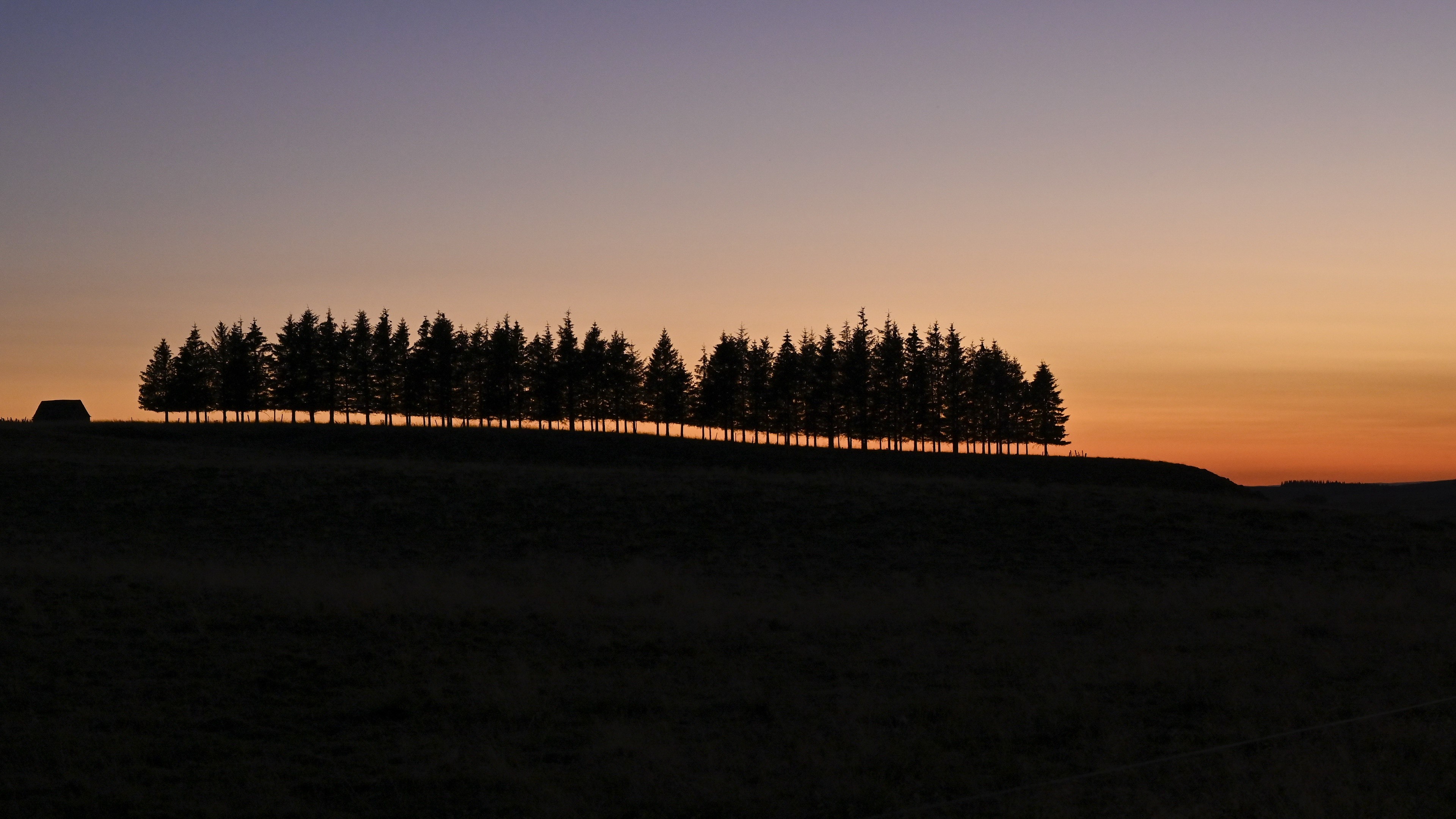 Silhouette of trees and a small building at sunset HD Wallpaper