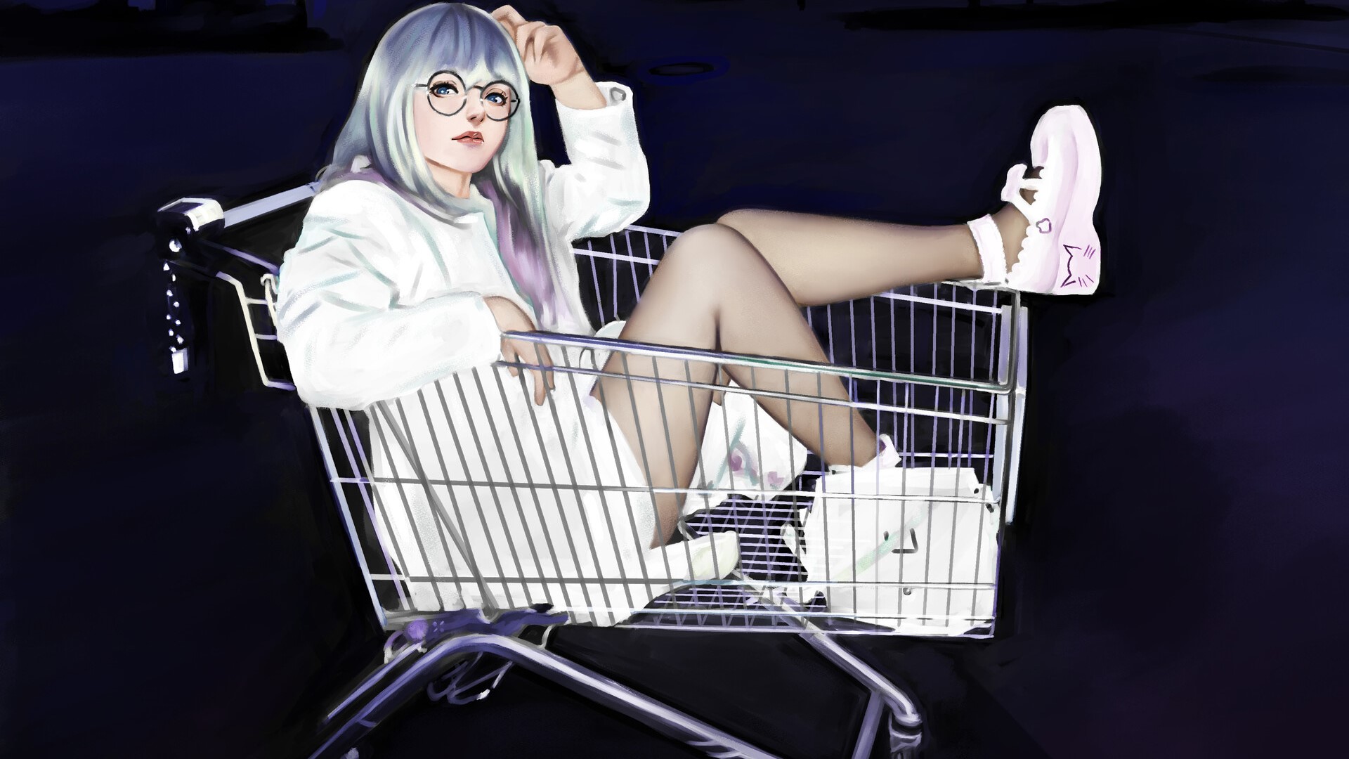 Woman with silver hair in a shopping cart HD Wallpaper