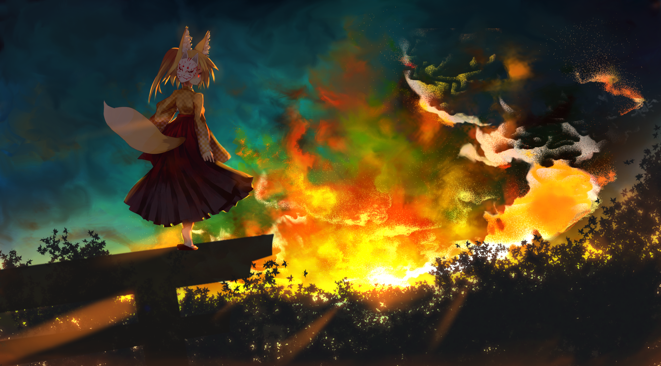 Fox girl standing on a ledge with fiery sky HD Wallpaper