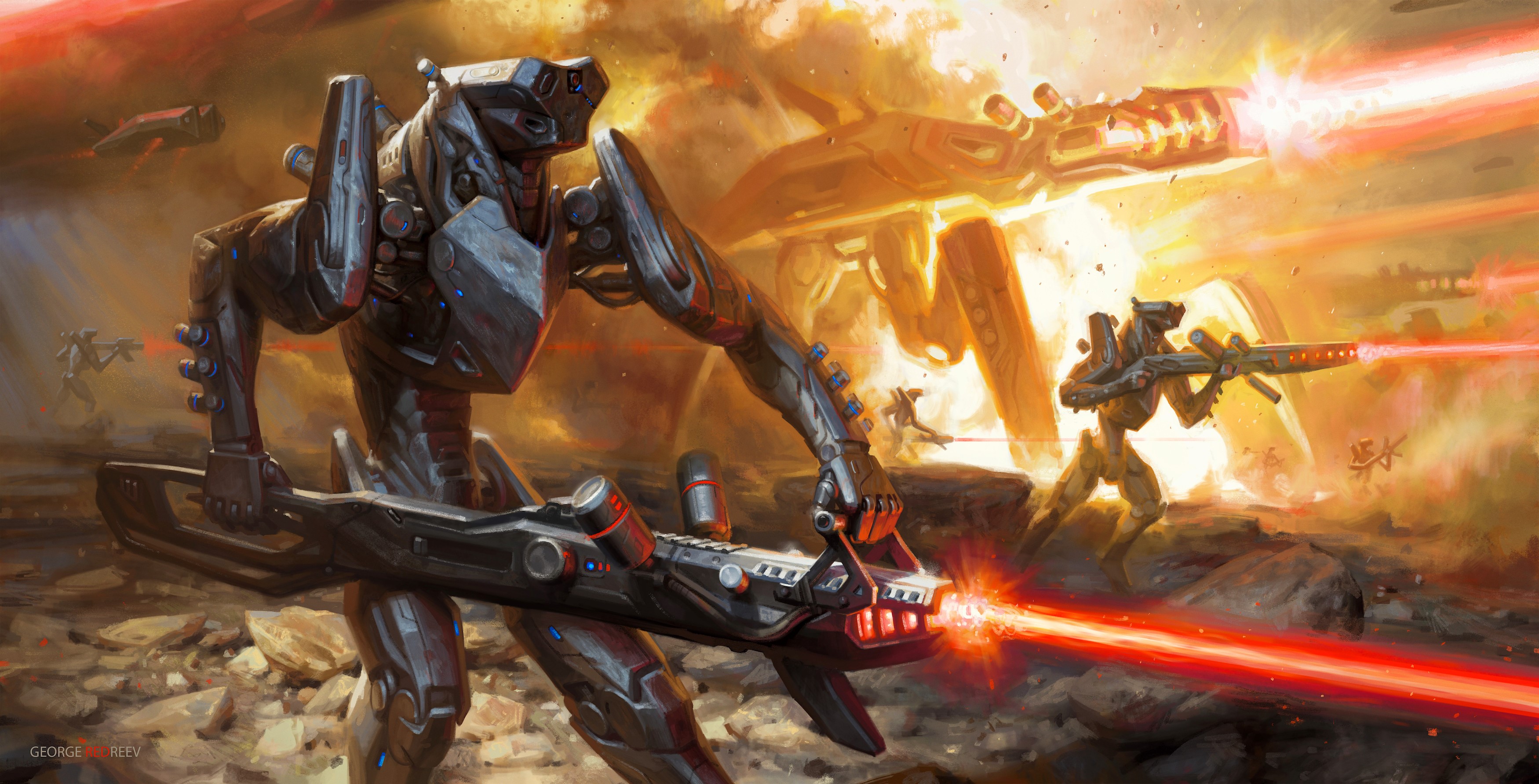 Robotic soldiers in a science fiction battle HD Wallpaper
