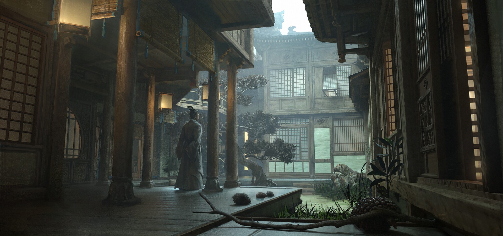 Man in traditional Chinese attire in a courtyard HD Wallpaper