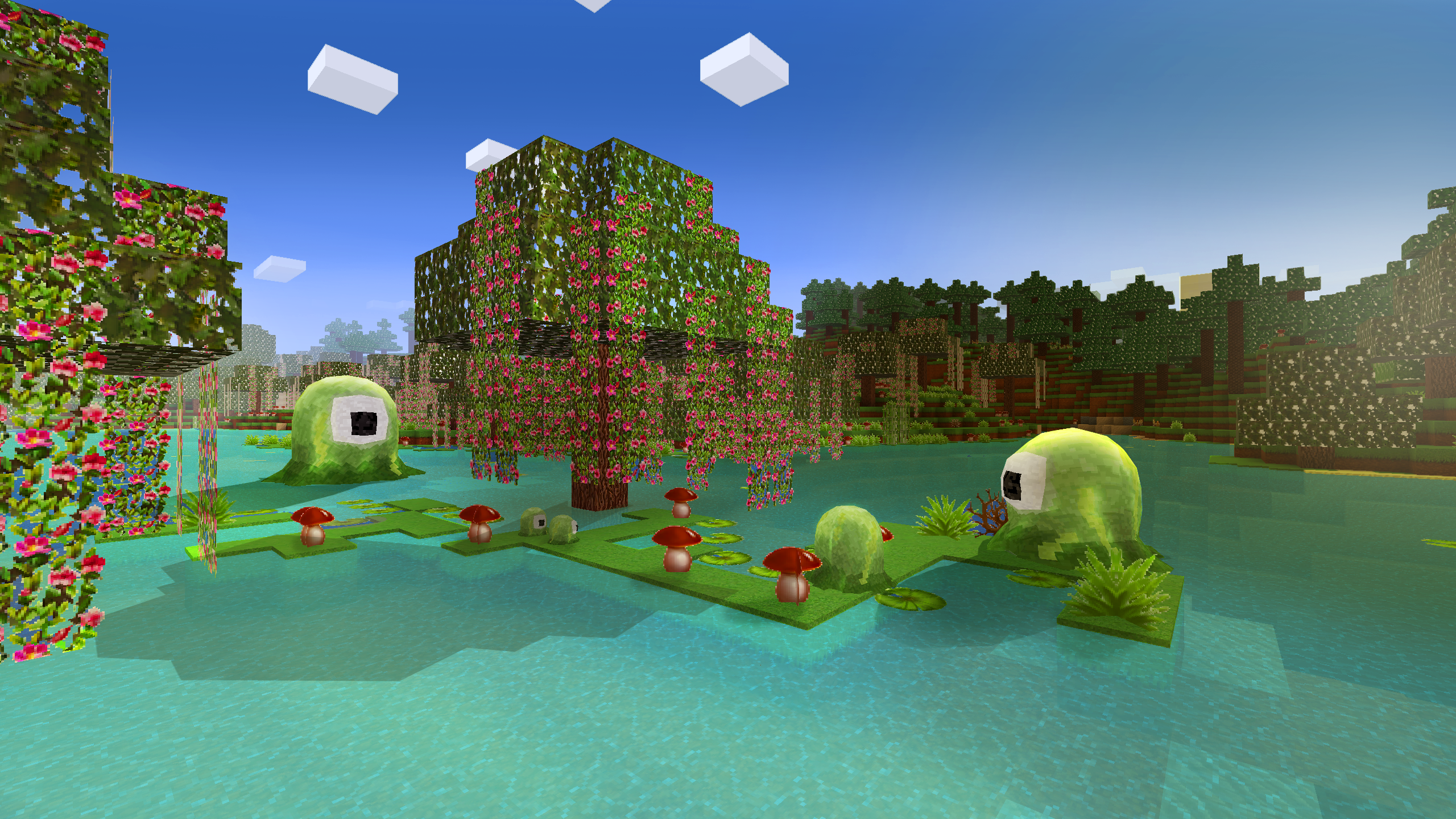 Pixelated swamp with cartoonish creatures and trees HD Wallpaper