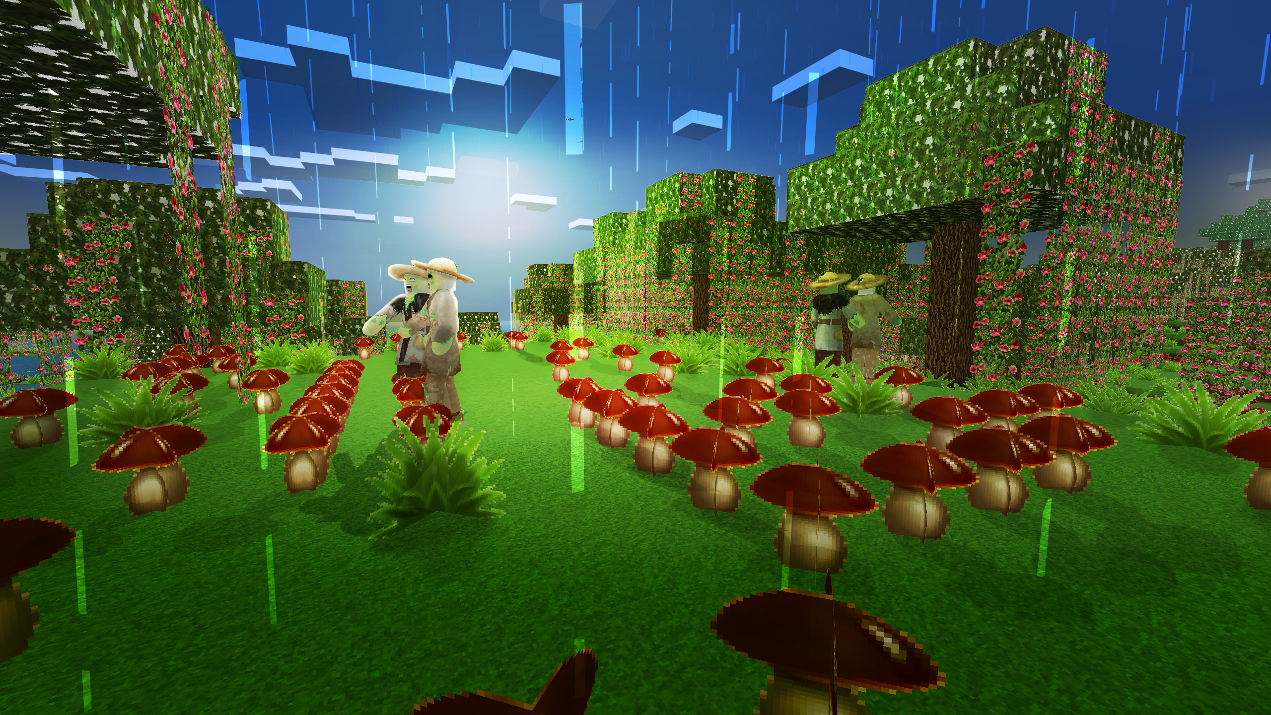 Two figures in a pixelated mushroom forest with rain HD Wallpaper