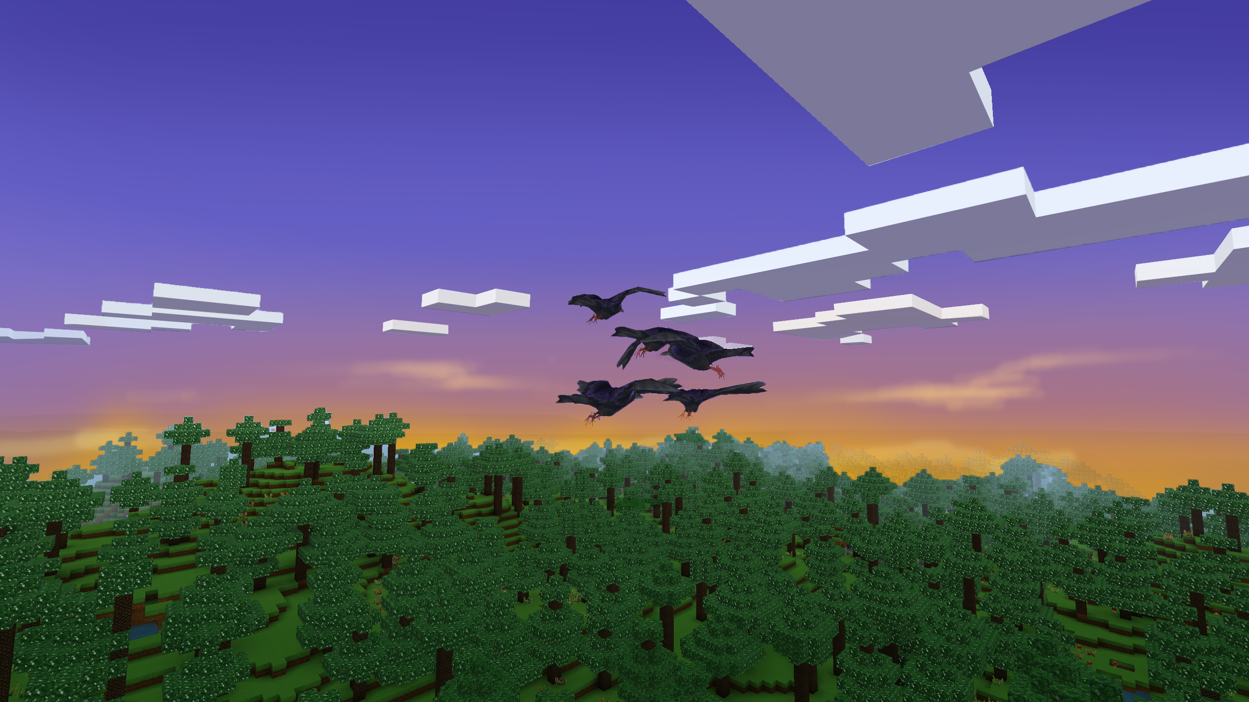 Pixelated forest landscape with birds flying at sunset HD Wallpaper
