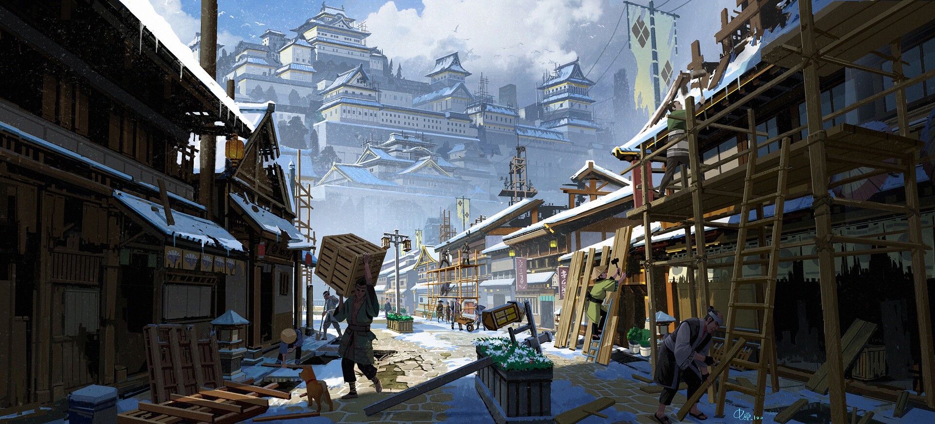 Digital artwork of a Japanese city under construction with a castle in the background HD Wallpaper