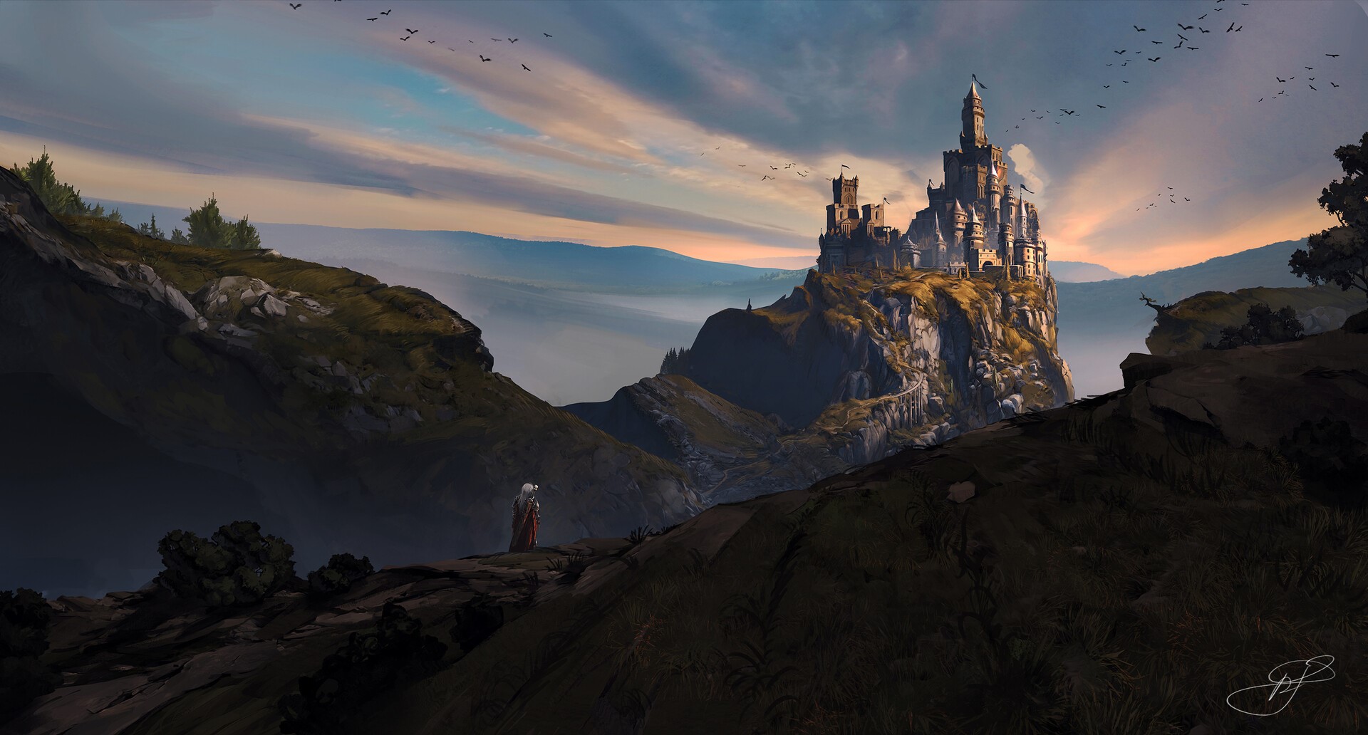 Fantasy castle on a cliff with a lone figure HD Wallpaper