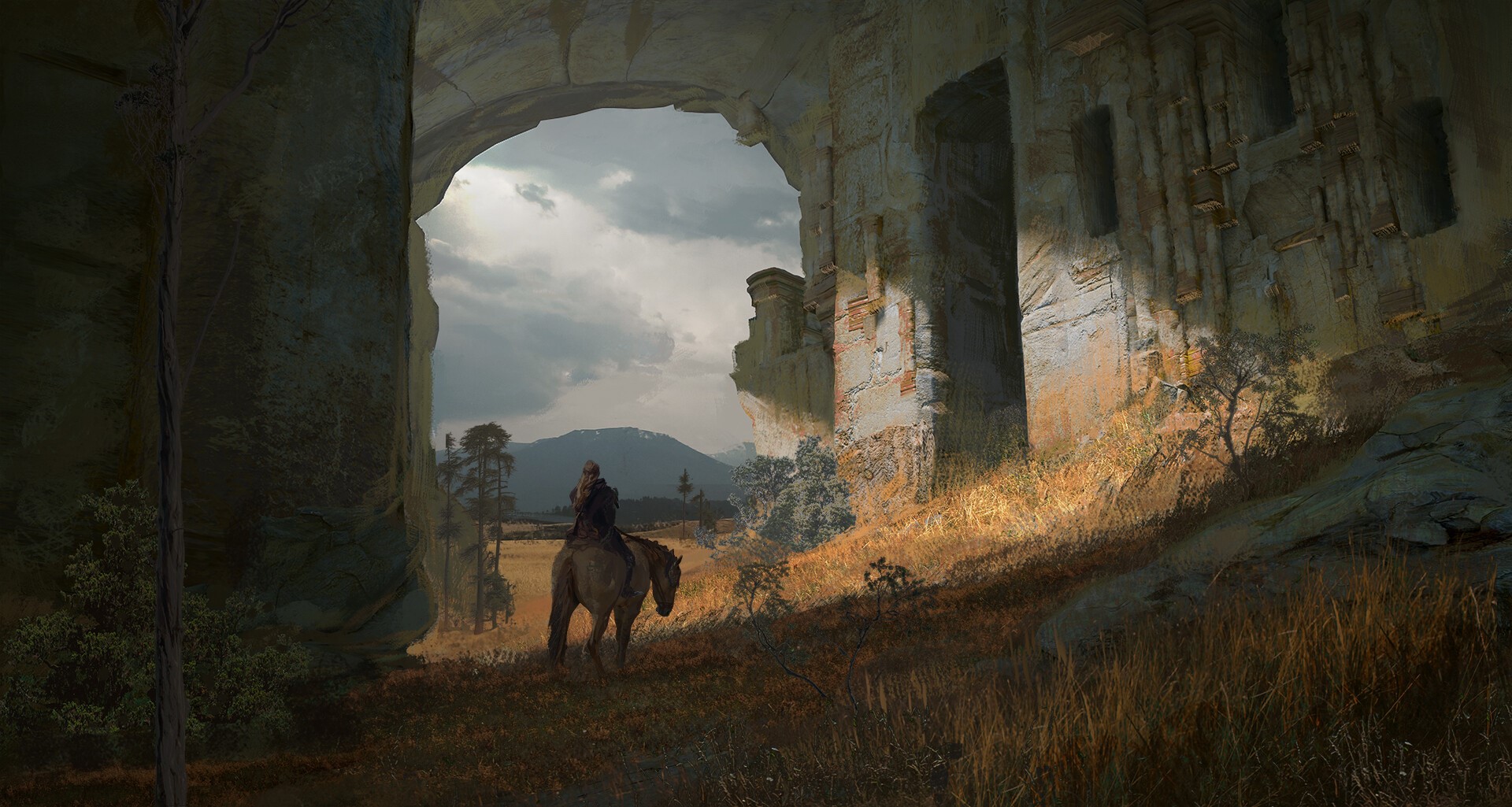 Person on horseback near ancient ruins HD Wallpaper