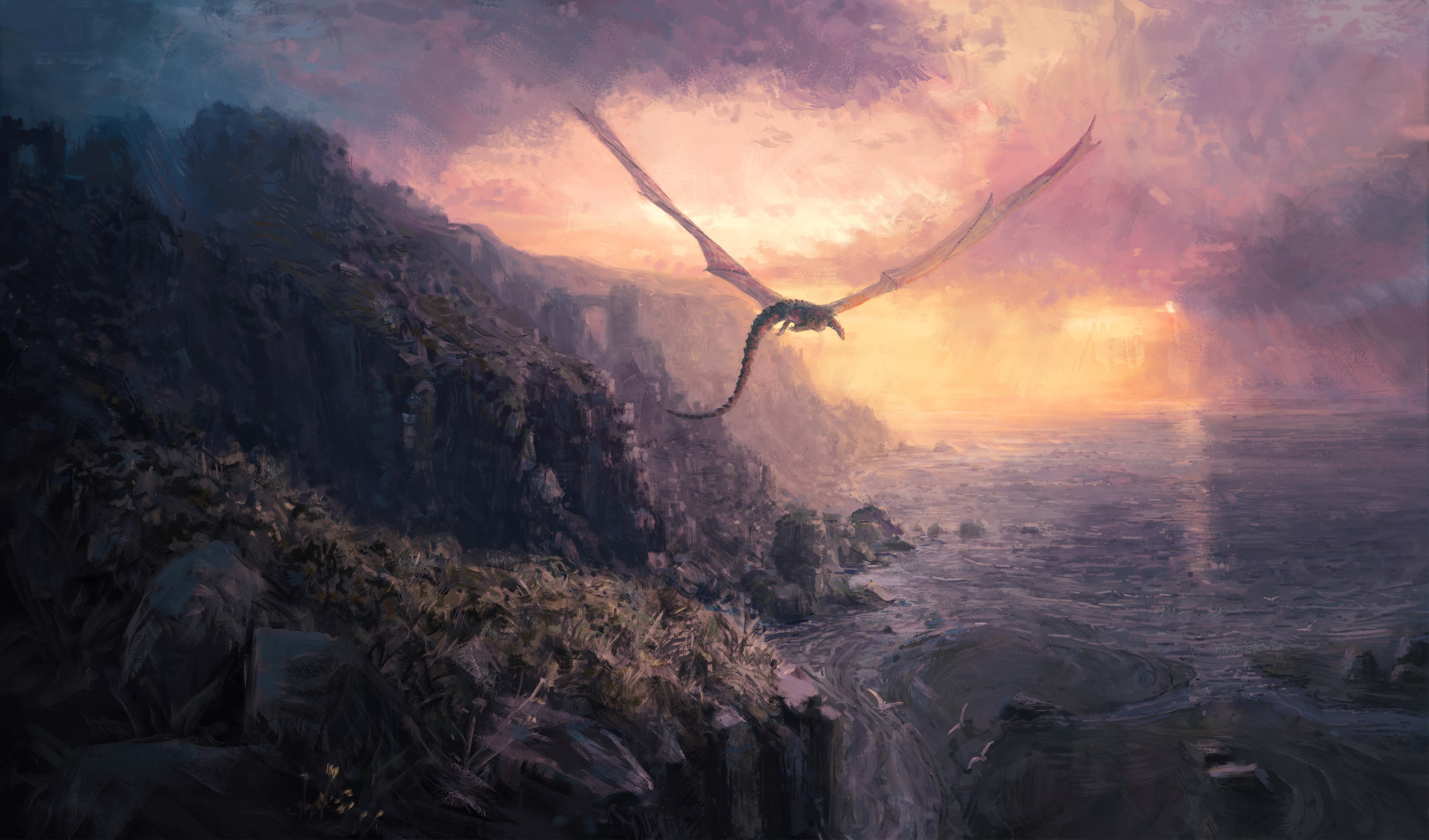 Dragon flying over a rocky coast at sunset HD Wallpaper