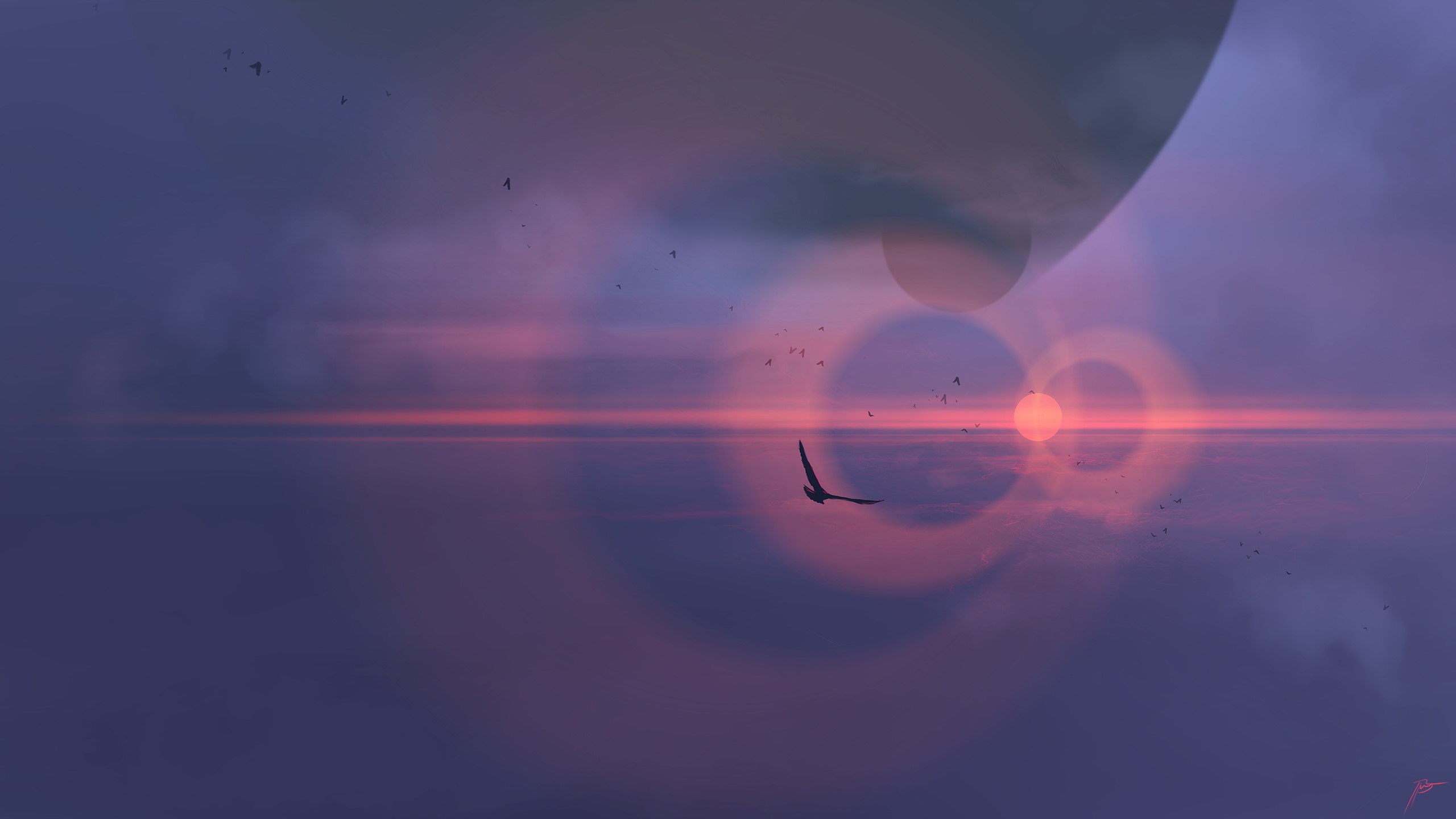 Fantasy art of birds flying near a planet at sunset HD Wallpaper
