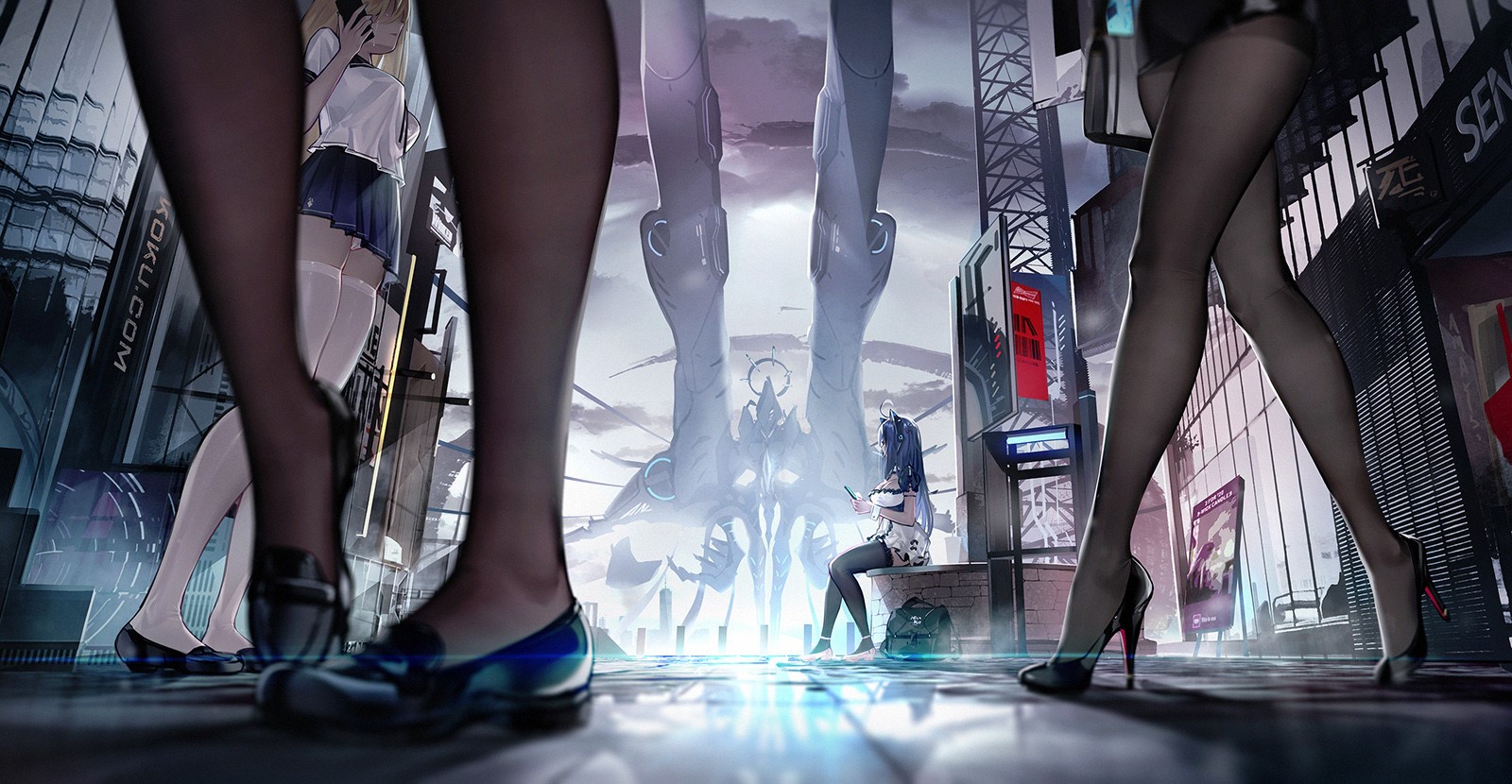 Anime girls in pantyhose in a futuristic city HD Wallpaper
