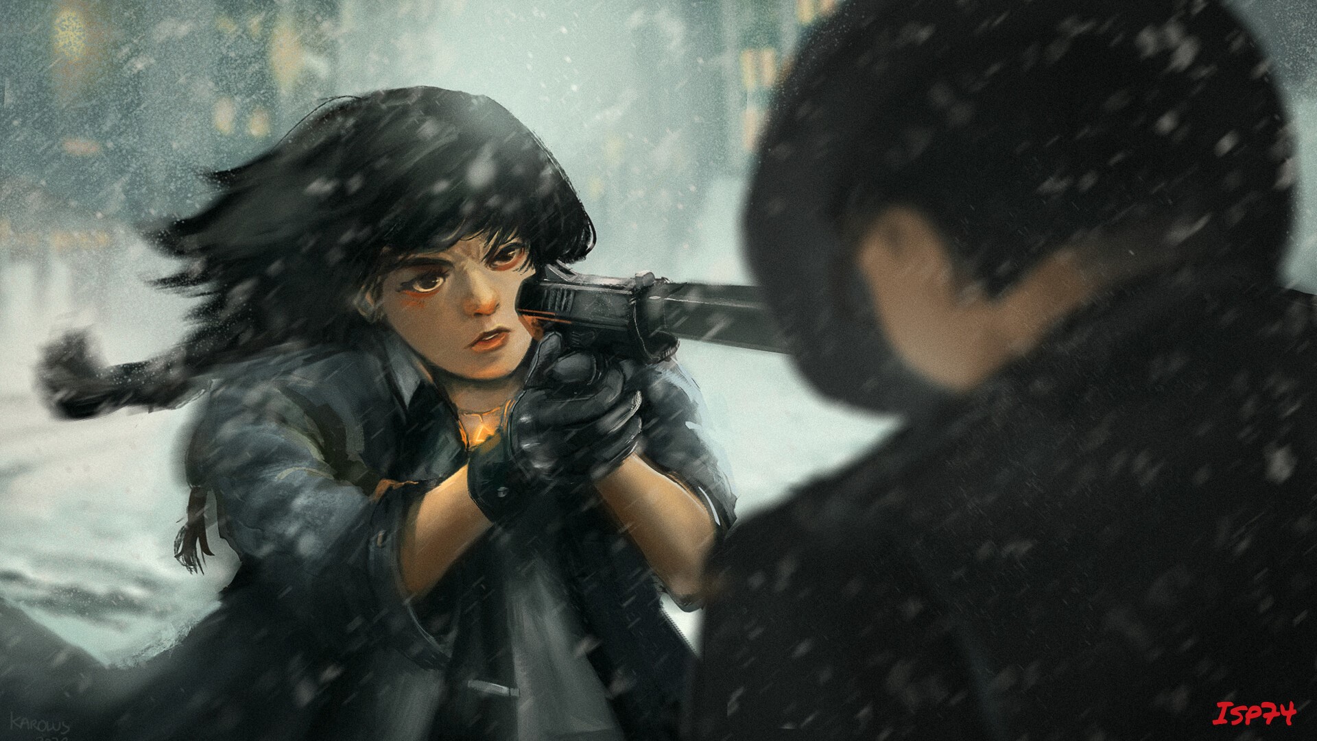 Woman aiming a gun in the snow HD Wallpaper