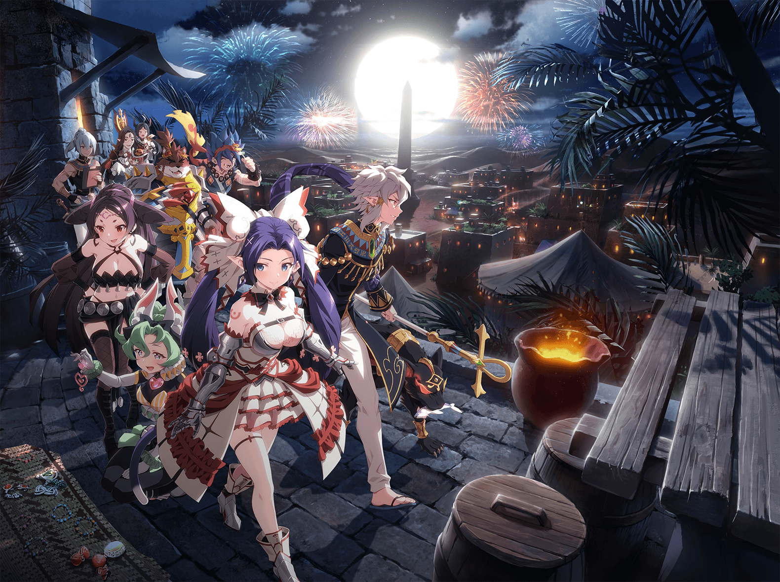 Characters from Epic Seven celebrating with fireworks HD Wallpaper
