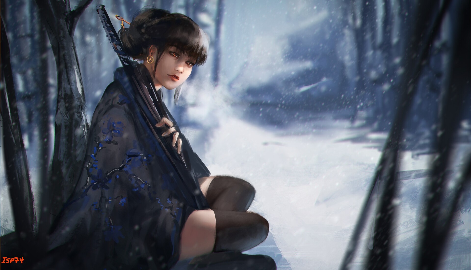 Fantasy girl with katana in a snowy forest HD Wallpaper