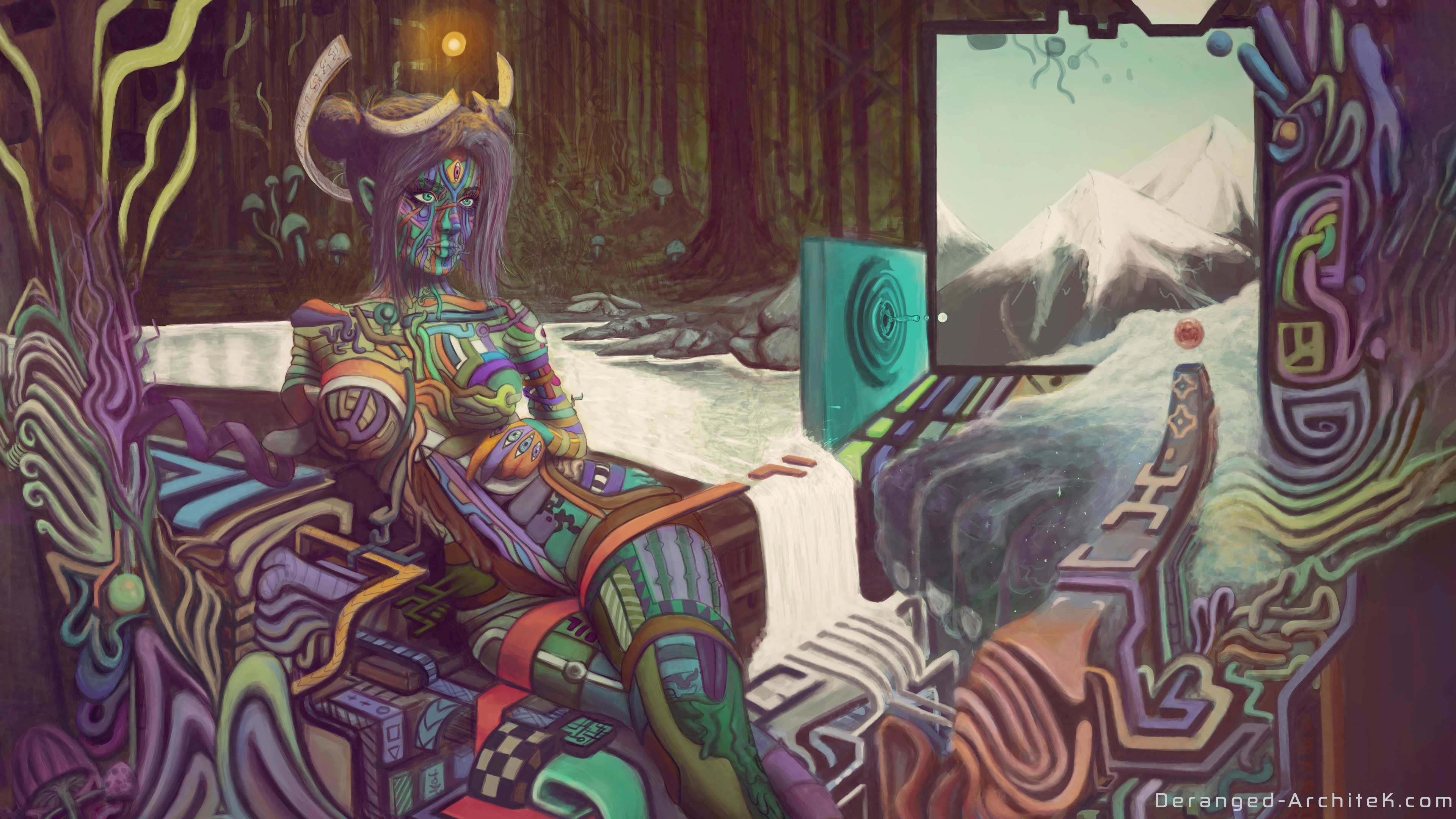 Psychedelic painting of a woman in a forest HD Wallpaper