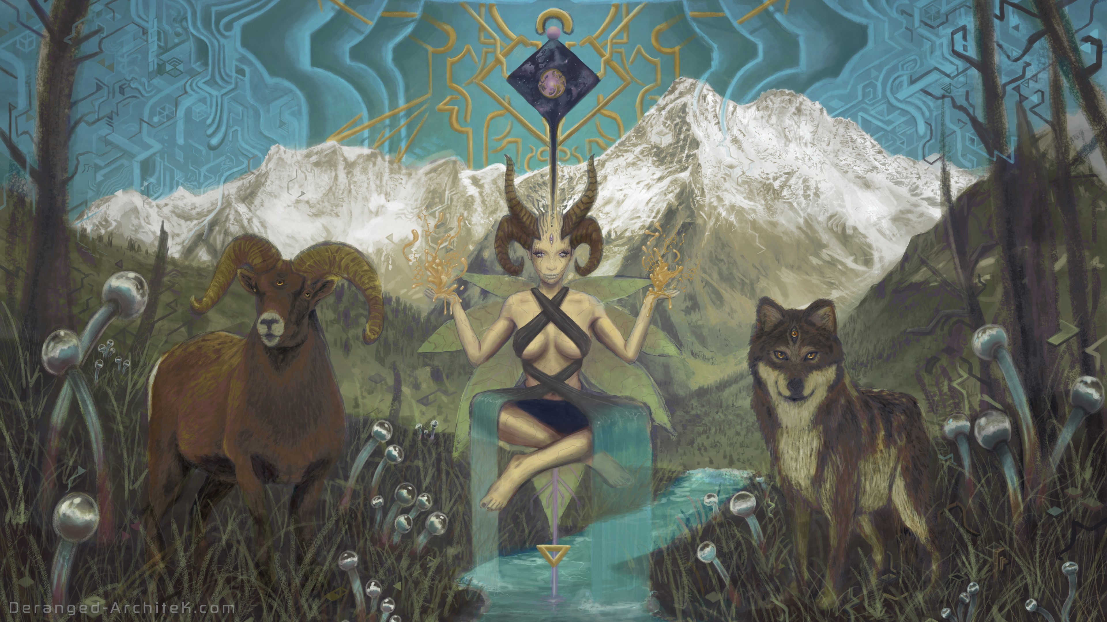 Fantasy painting of mountains, wolf, and ram-headed woman HD Wallpaper
