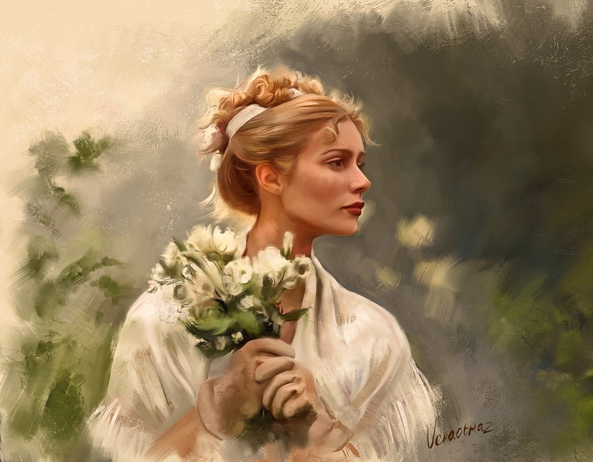 Woman in white dress holding white flowers HD Wallpaper