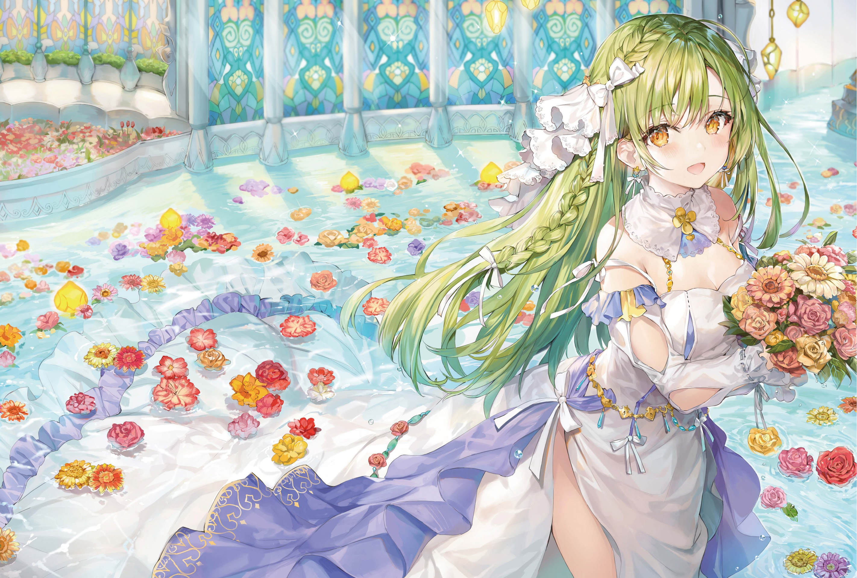 Momoko in a white dress with flowers in water HD Wallpaper