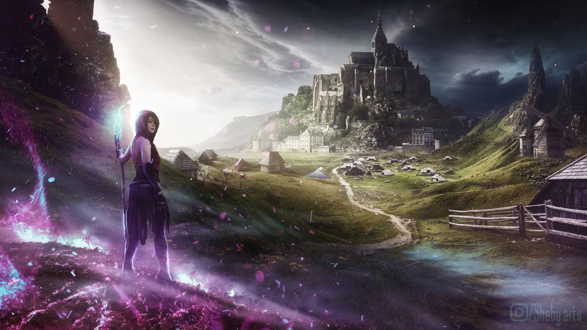 Fantasy girl with staff in front of a castle village HD Wallpaper