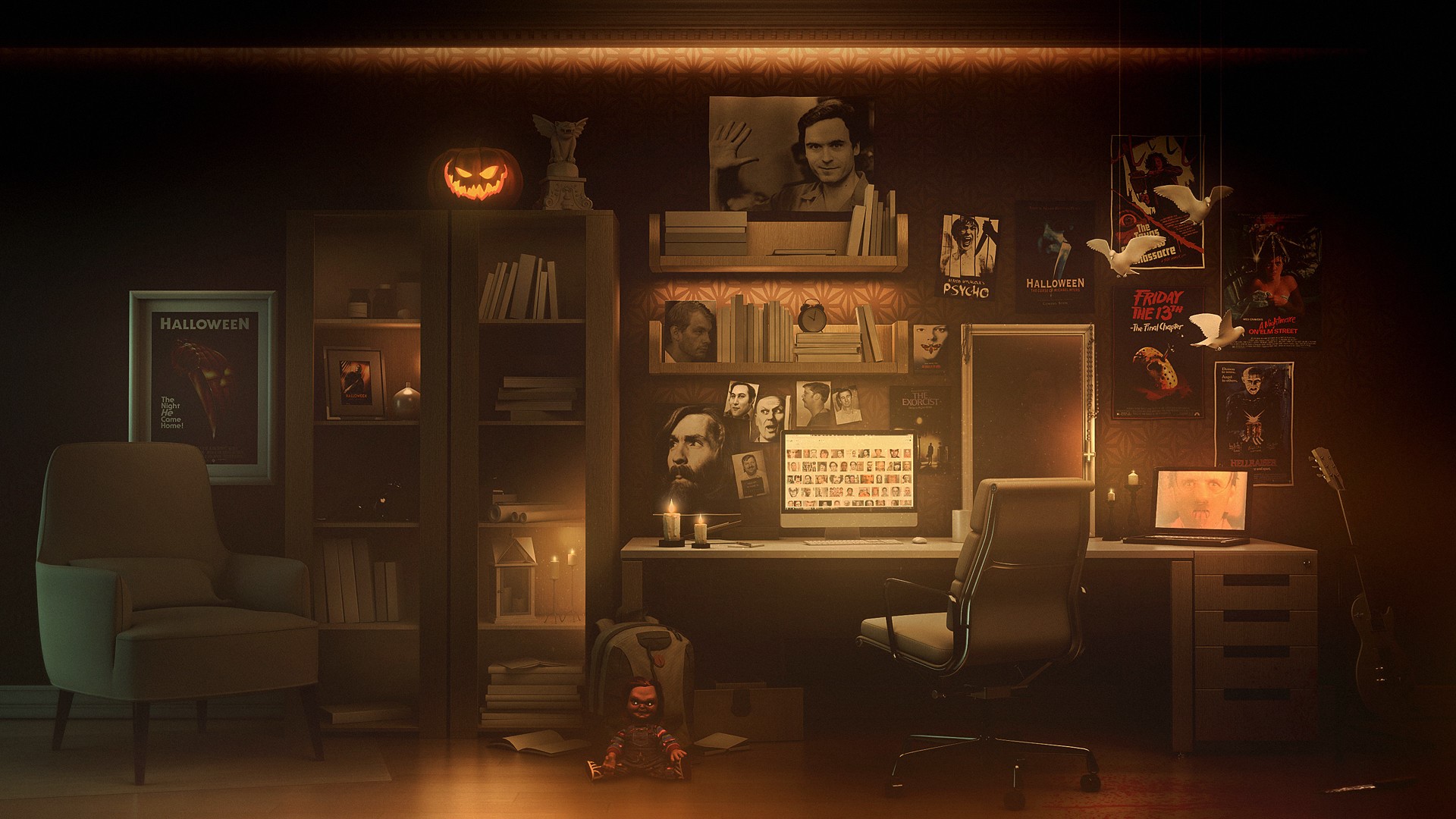 Room decorated with Halloween and serial killer memorabilia HD Wallpaper