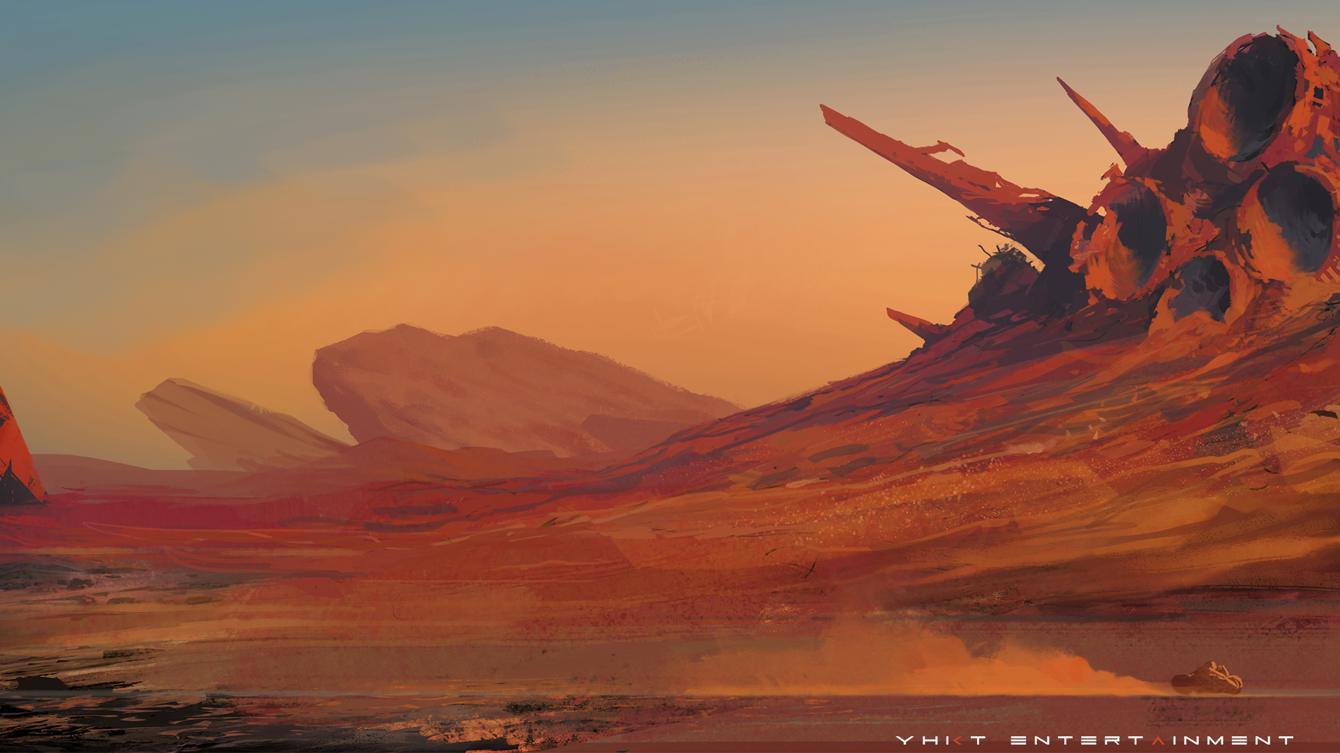 Wreckage on a desolate alien planet HD Wallpaper