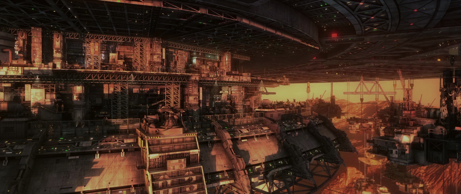 Industrial complex with cranes and structures under a hazy sky HD Wallpaper