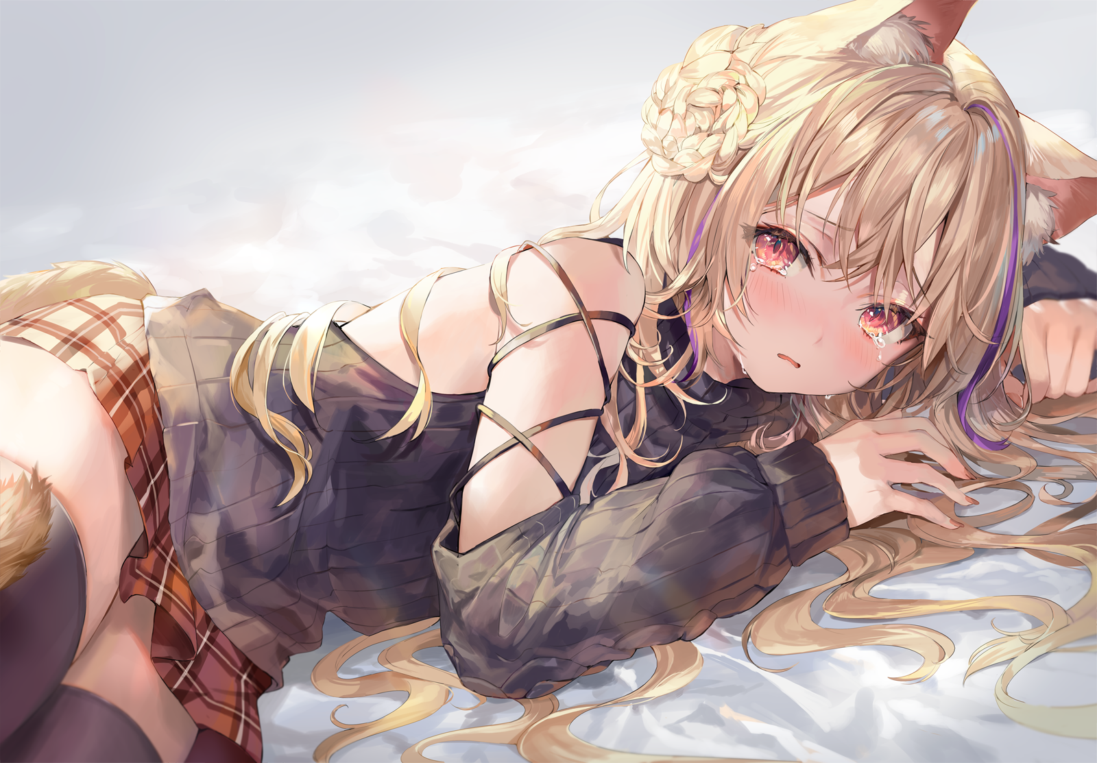 Anime girl with blonde hair and animal ears crying HD Wallpaper