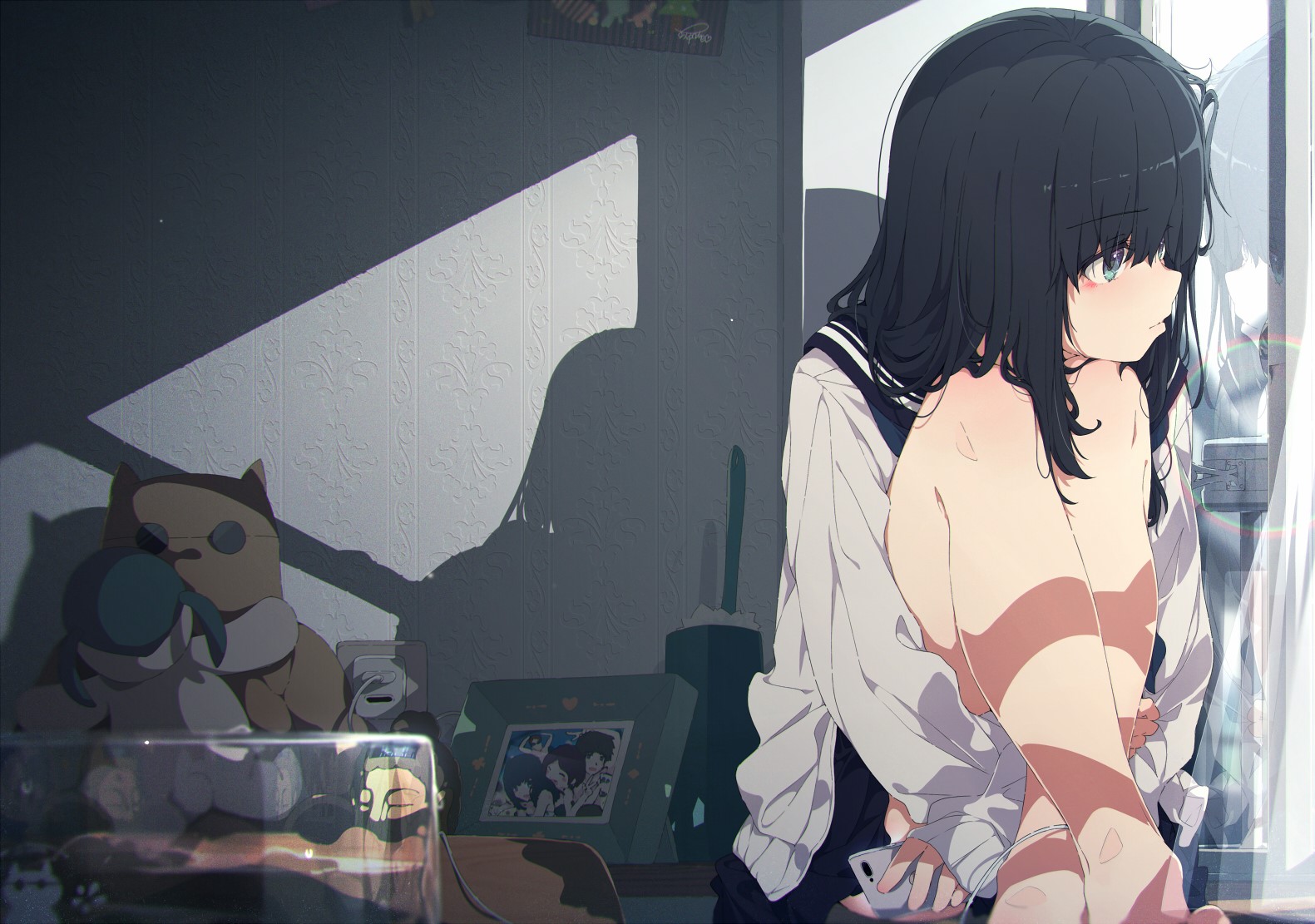 Anime girl with black hair and green eyes in school uniform HD Wallpaper